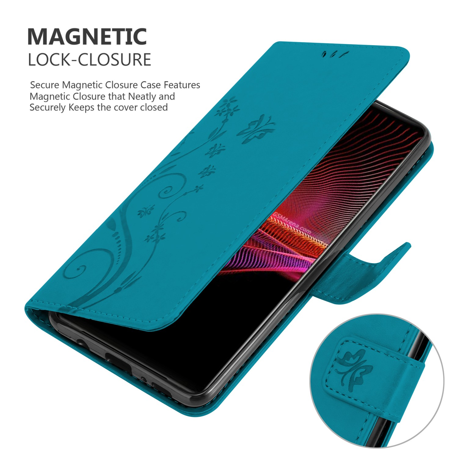Custodia per telefono blu con telefono all'interno, con un design floreale. Il coperchio è aperto.