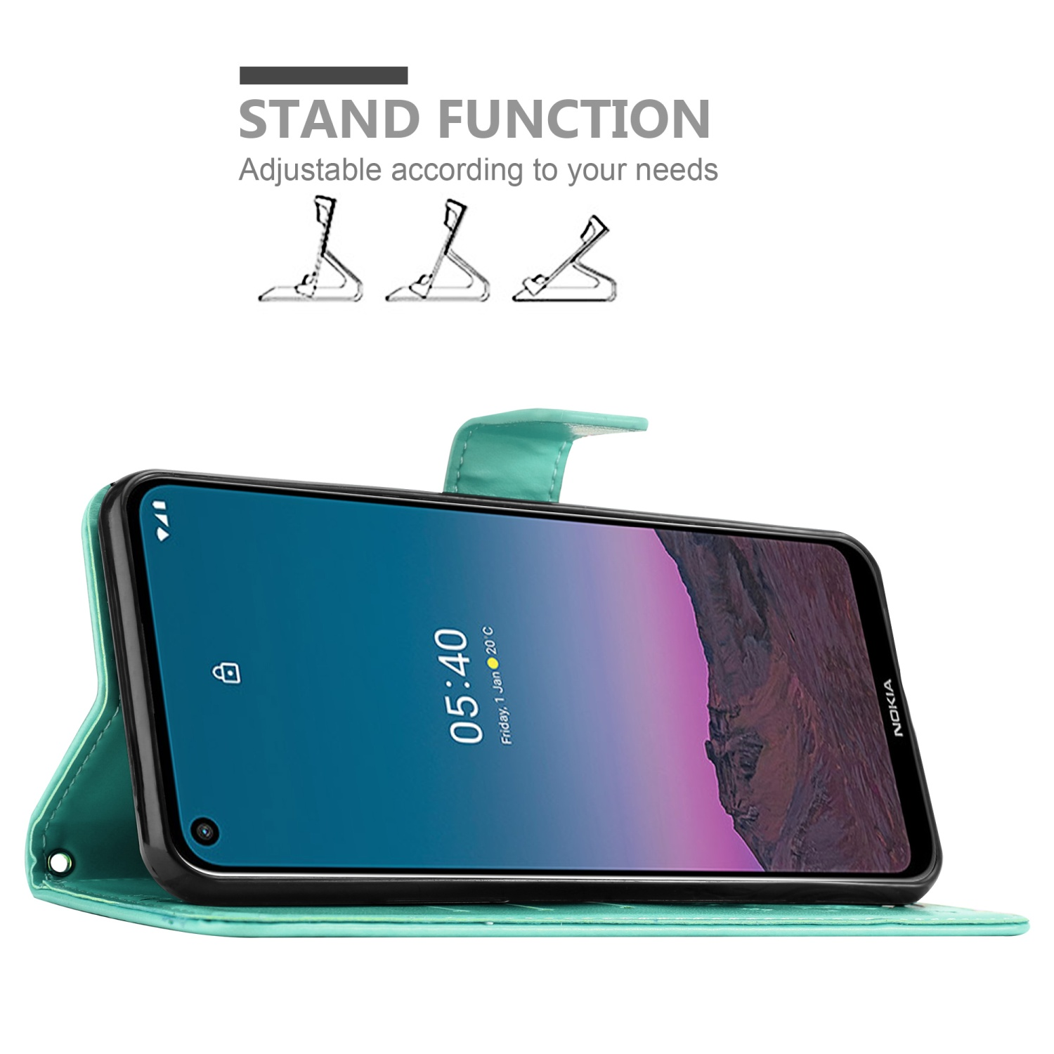 Custodia telefono verde acqua, aperta, appoggiata. Lo schermo mostra l'ora e un lucchetto.