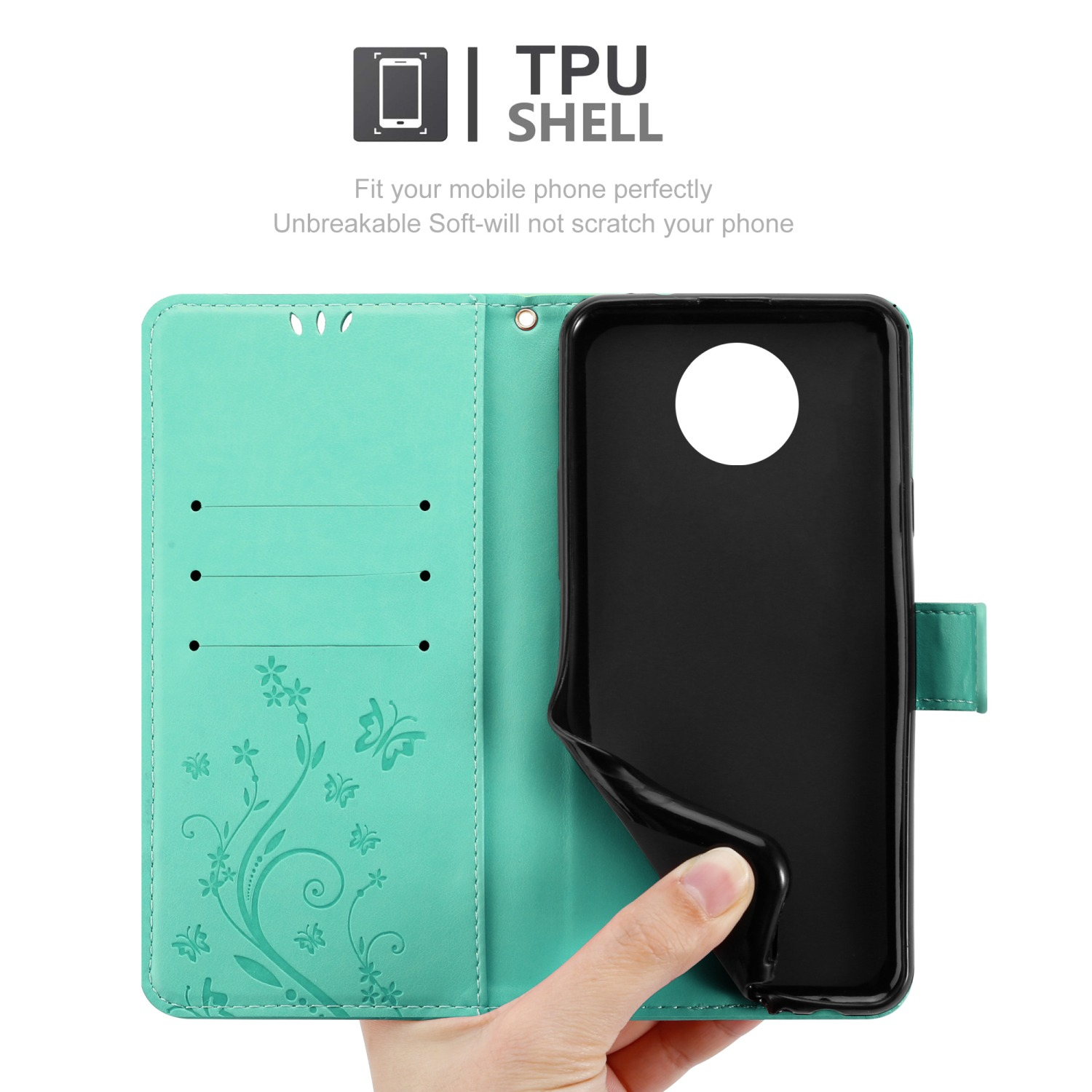 Custodia turchese aperta con telefono nero. Design a fiori e farfalle sulla custodia.