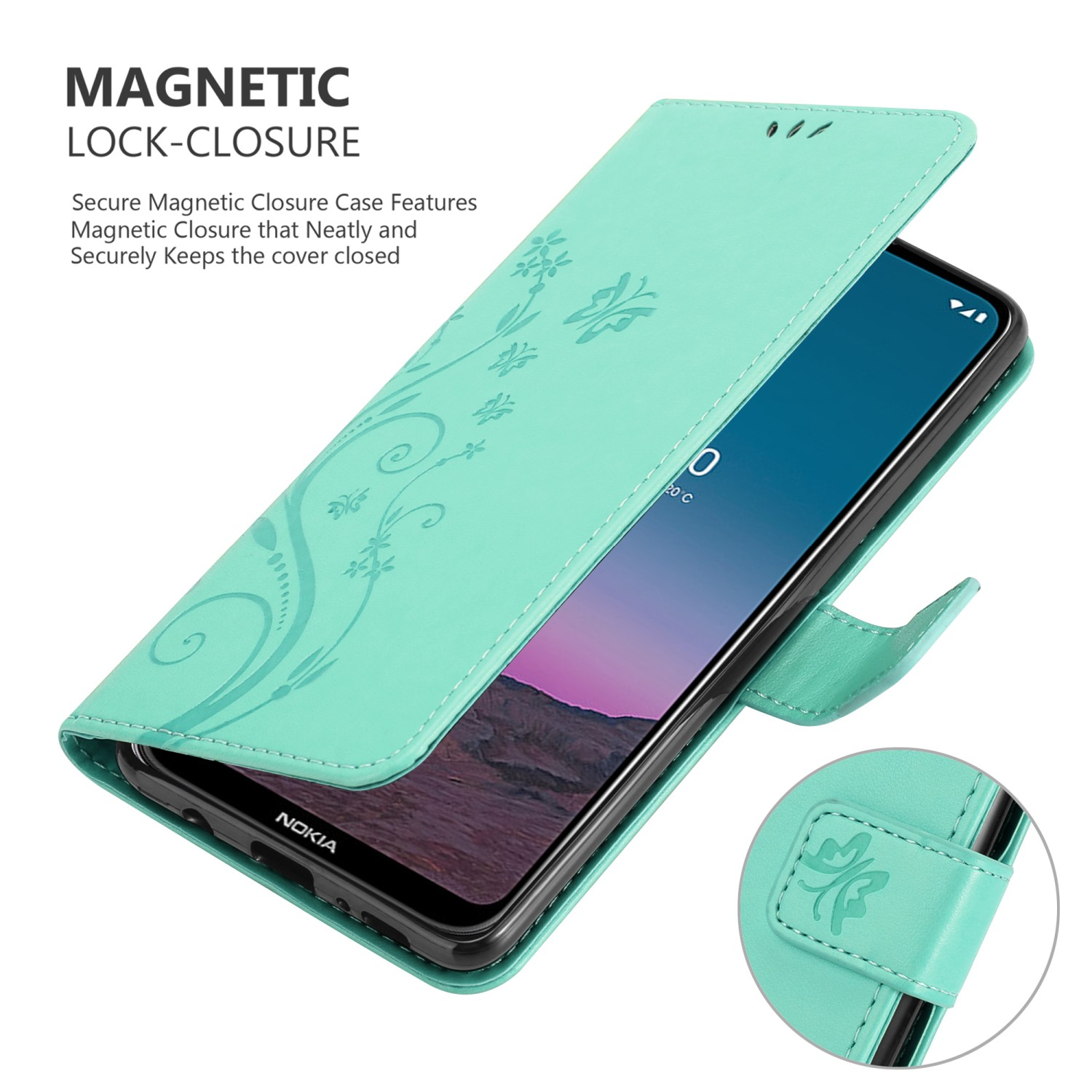 Custodia teal aperta, che mostra un design floreale e un telefono.