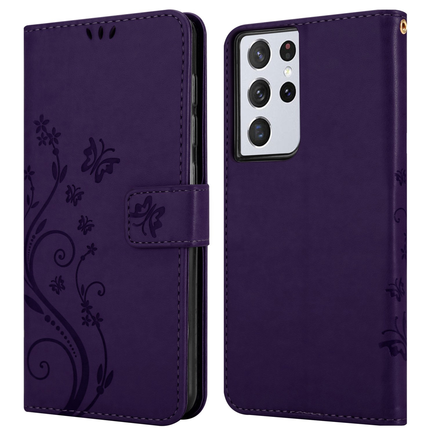 Custodia per telefono viola con fiori e farfalle. La custodia è aperta, rivelando un telefono.