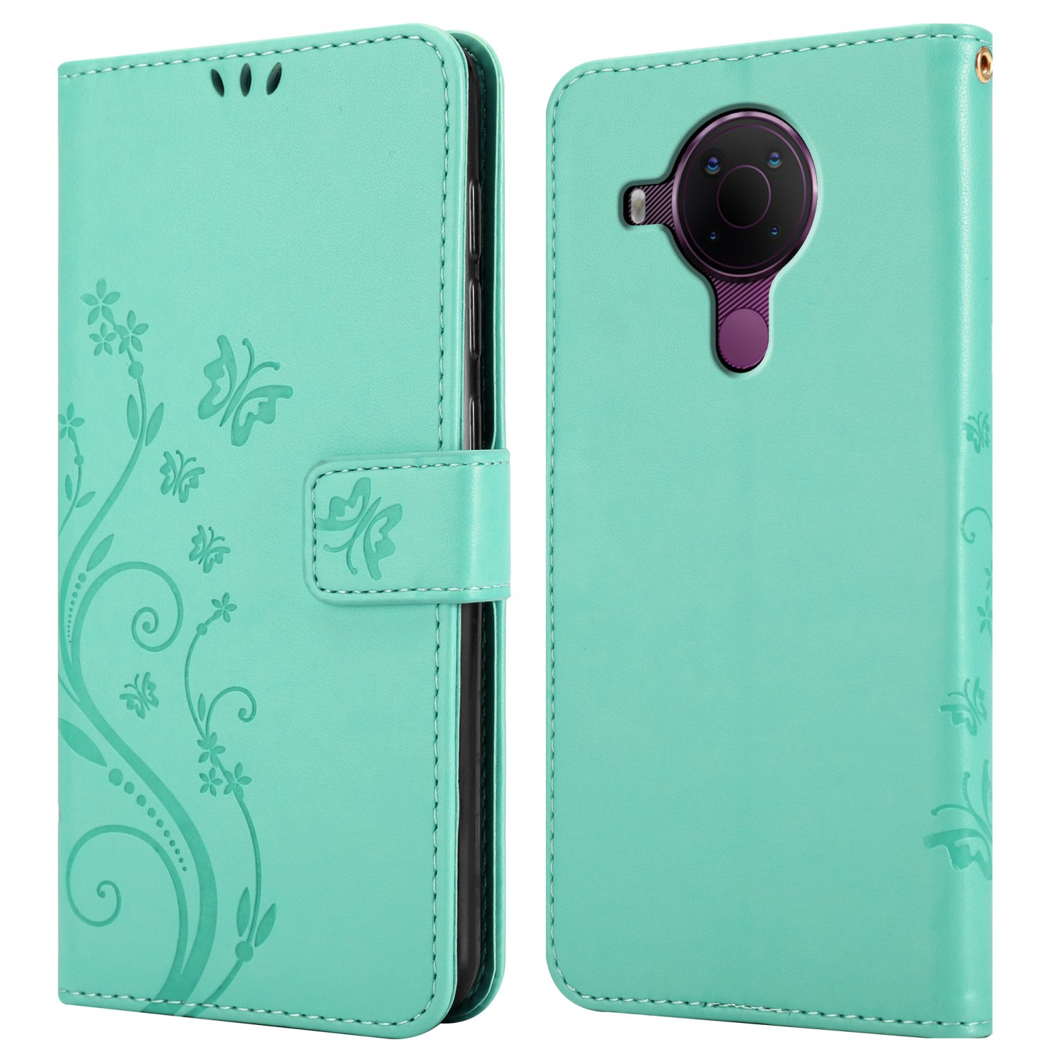 Custodia per telefono verde acqua, aperta. Mostra il telefono all'interno. Design floreale e dettagli a farfalla.