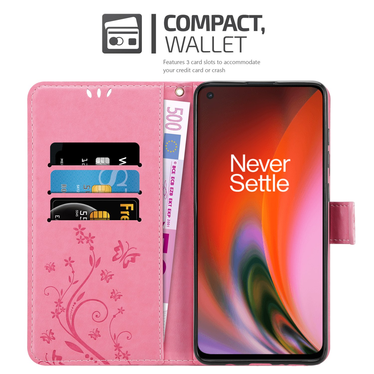 Custodia rosa, aperta, con telefono, carte di credito e denaro.