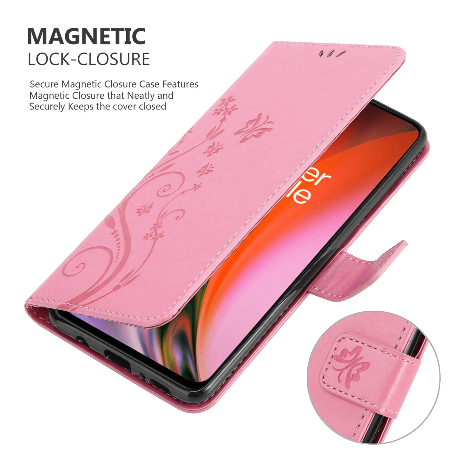 Custodia rosa con design floreale, aperta per rivelare un telefono. Mostrata anche la chiusura magnetica.