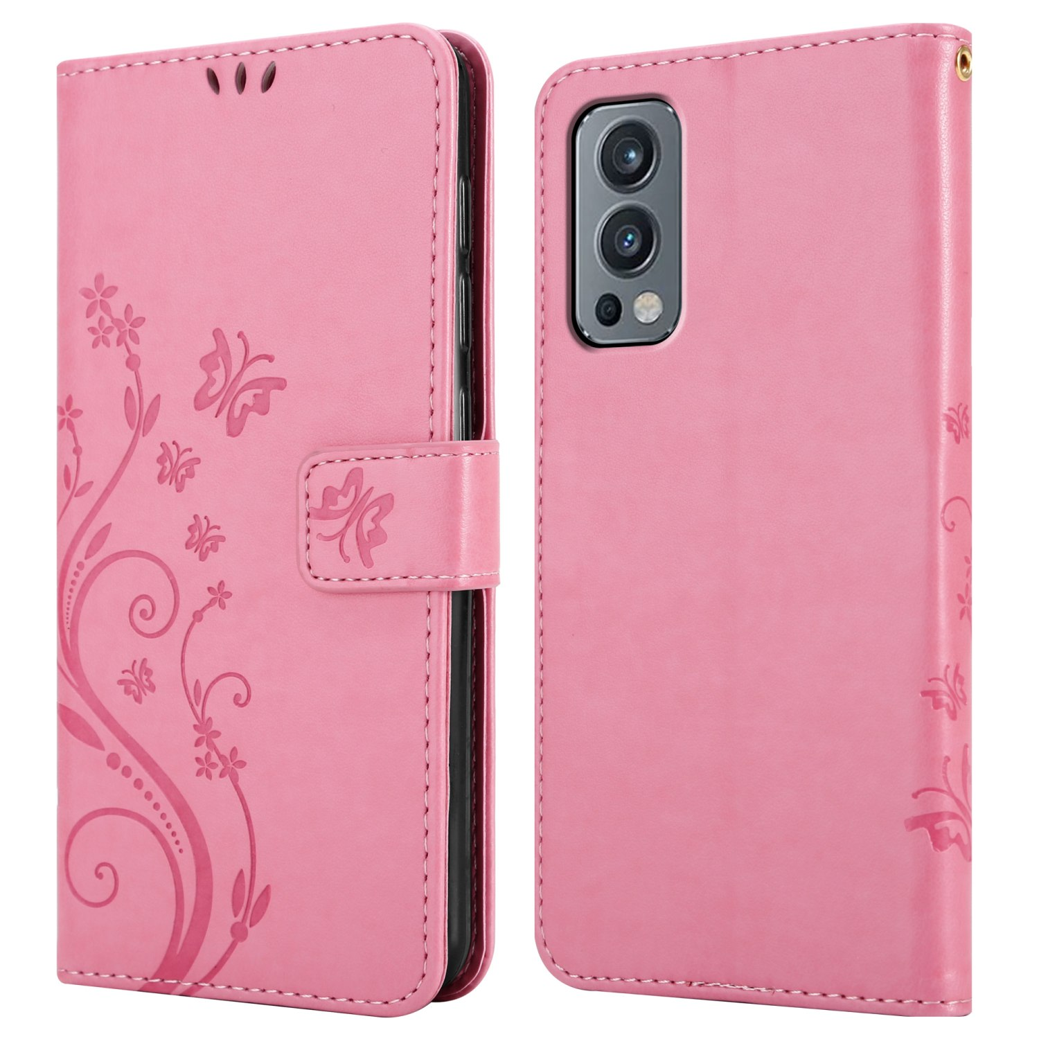 Custodia per telefono rosa aperta e chiusa, con dettagli floreali e farfalle, e chiusura magnetica.
