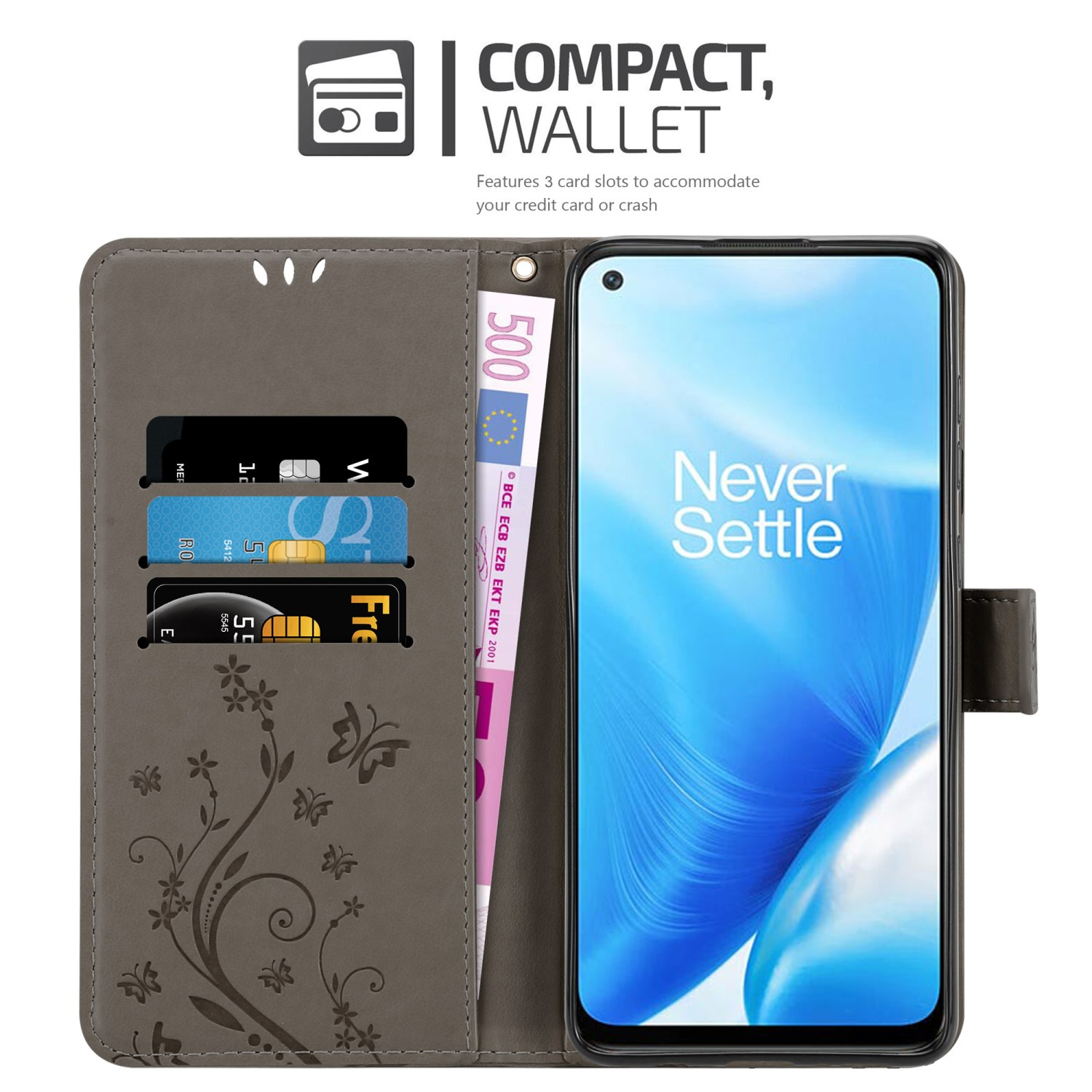 Custodia a portafoglio grigia per telefono aperta con carte, denaro e un telefono che mostra 'Never Settle'.