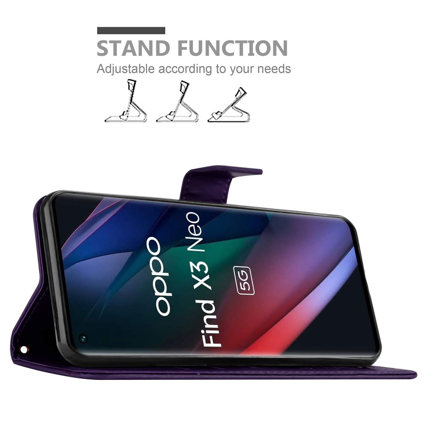 Eine lila Handyhülle mit Telefon im Inneren, auf Ständer. Text: Standfunktion, anpassbar an Ihre Bedürfnisse.