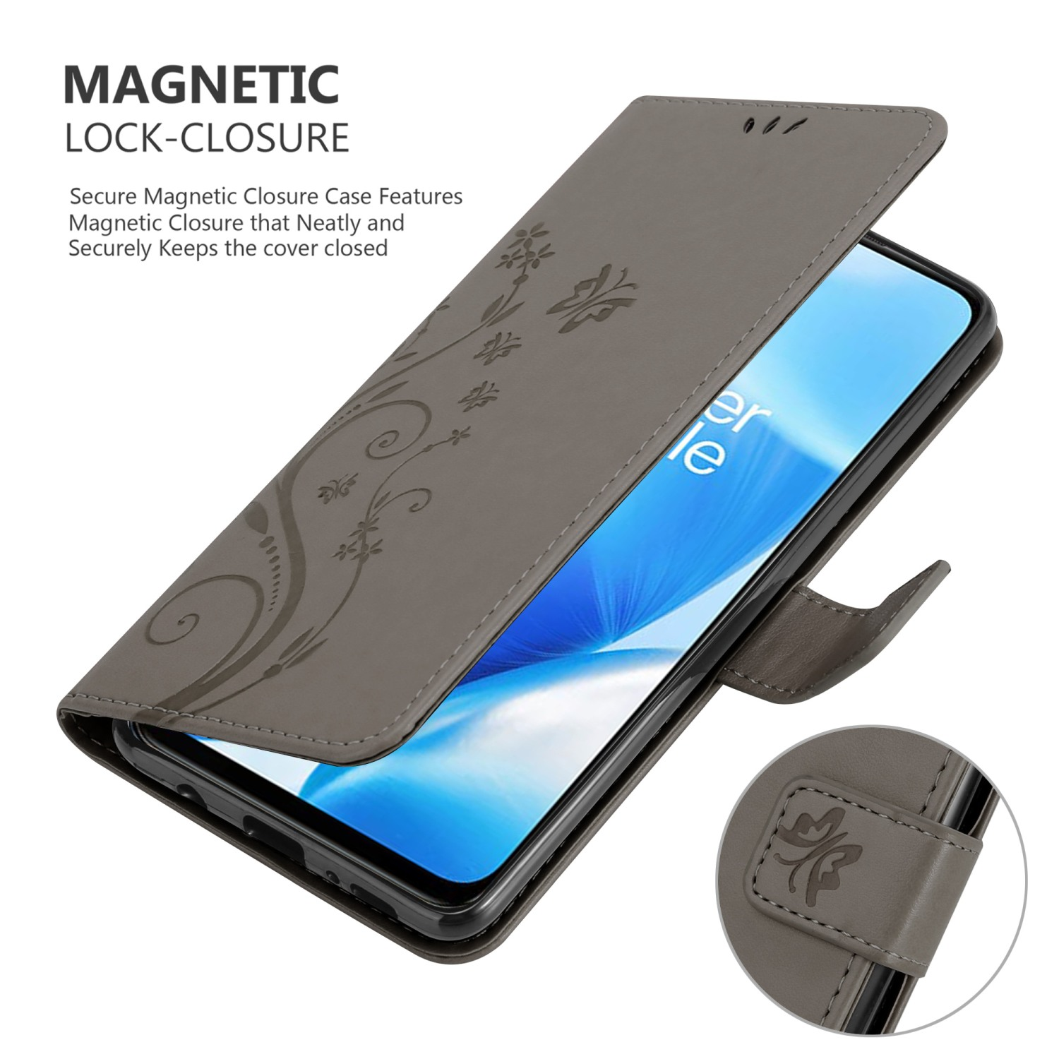 Custodia grigia con design floreale. Il telefono è aperto. Chiusura magnetica. Su sfondo bianco.