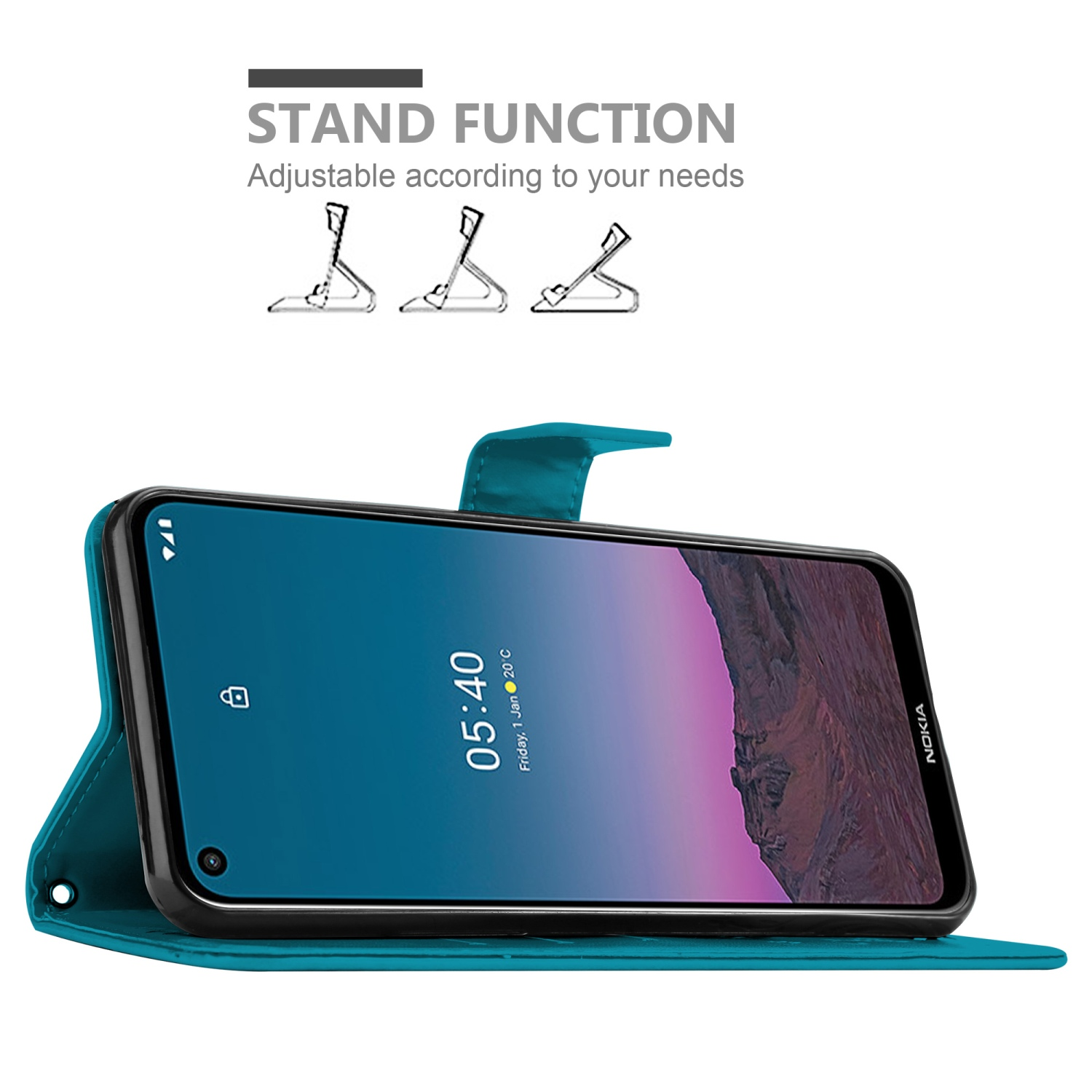 Una custodia per telefono verde acqua con un telefono. Il telefono mostra lo schermo. La custodia può essere utilizzata per stare in piedi.