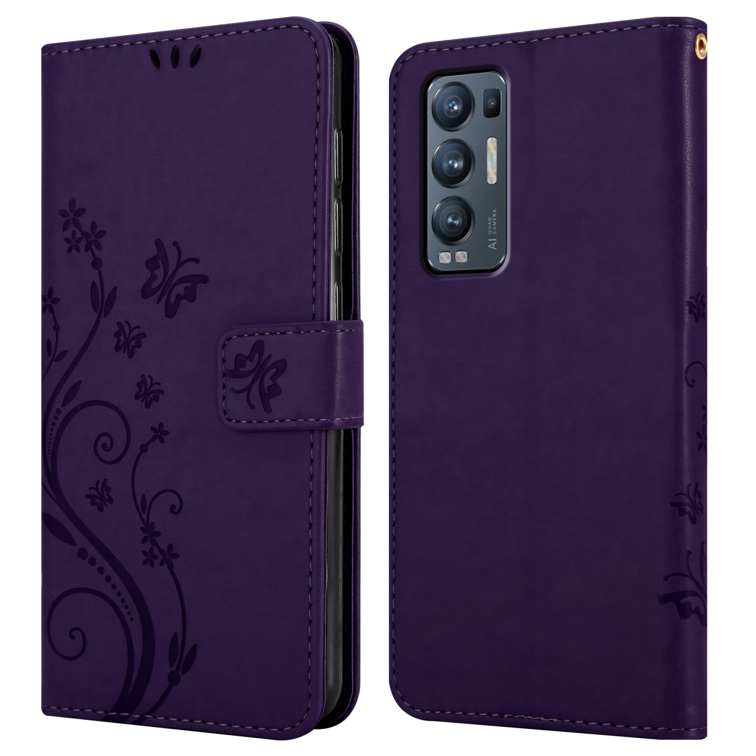 Lila Handyhülle mit floralem Design. Das Telefon hat mehrere Kameras.