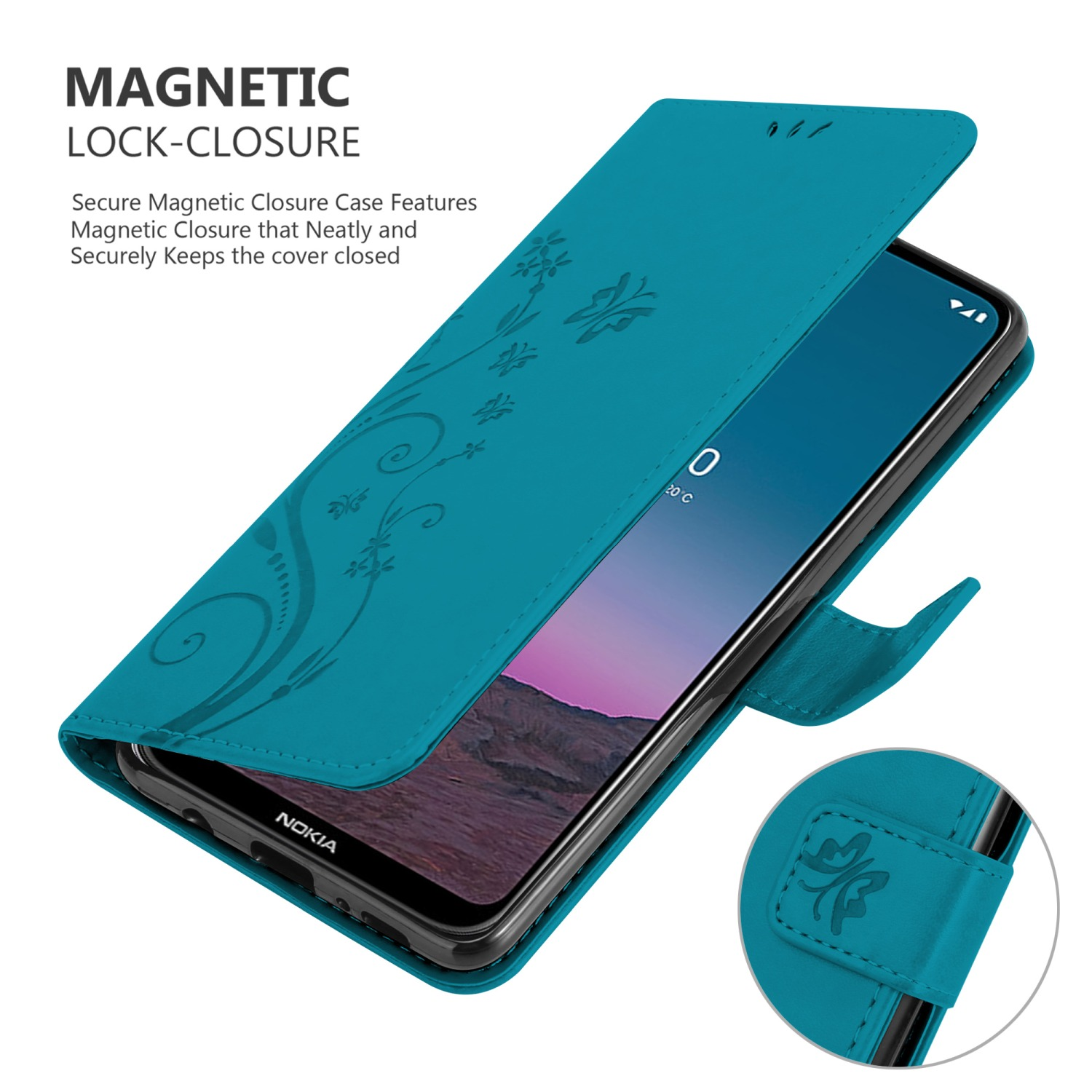 Custodia per telefono color verde acqua, aperta che mostra lo schermo del telefono. La custodia ha un design floreale.