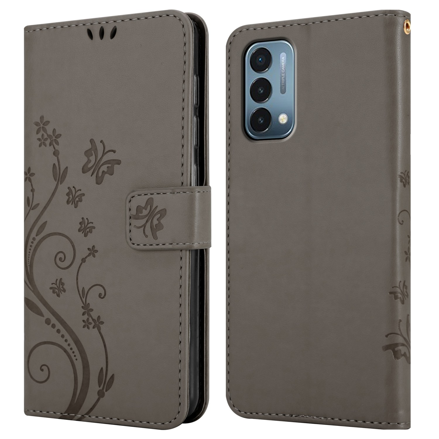Custodia per telefono grigia con un design floreale. La custodia è aperta, rivelando il telefono e lo slot per schede.