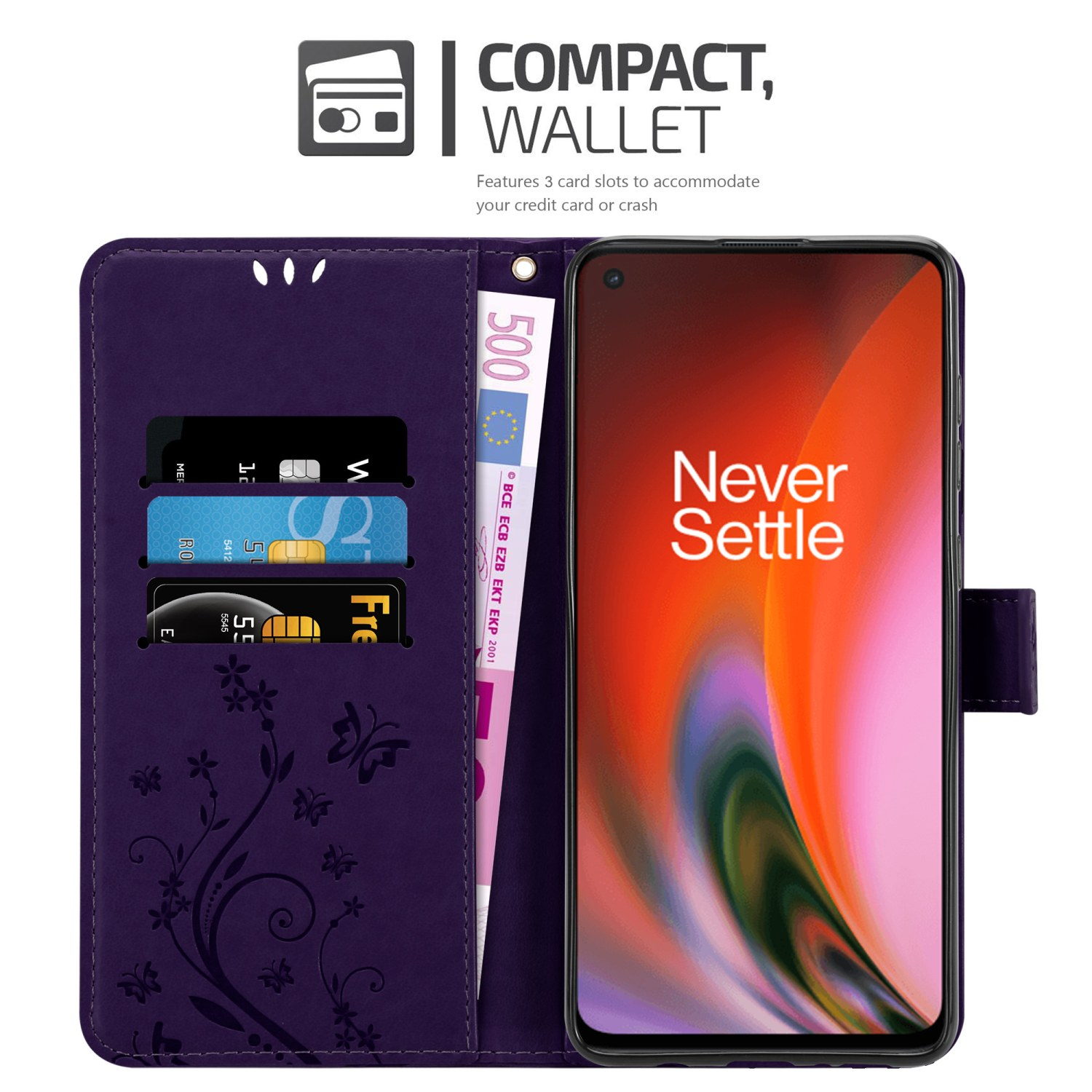 Custodia per telefono viola aperta con telefono, carte e una banconota da 500 euro.