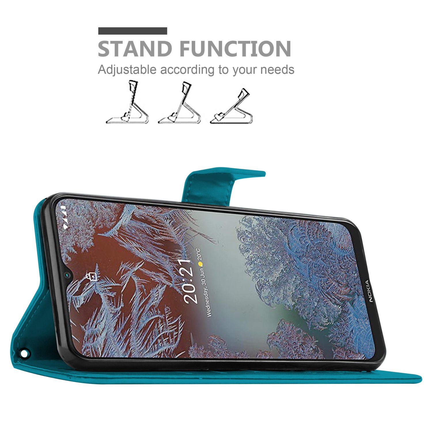 Custodia teal aperta, che mostra un telefono con schermo scuro e funzione stand.