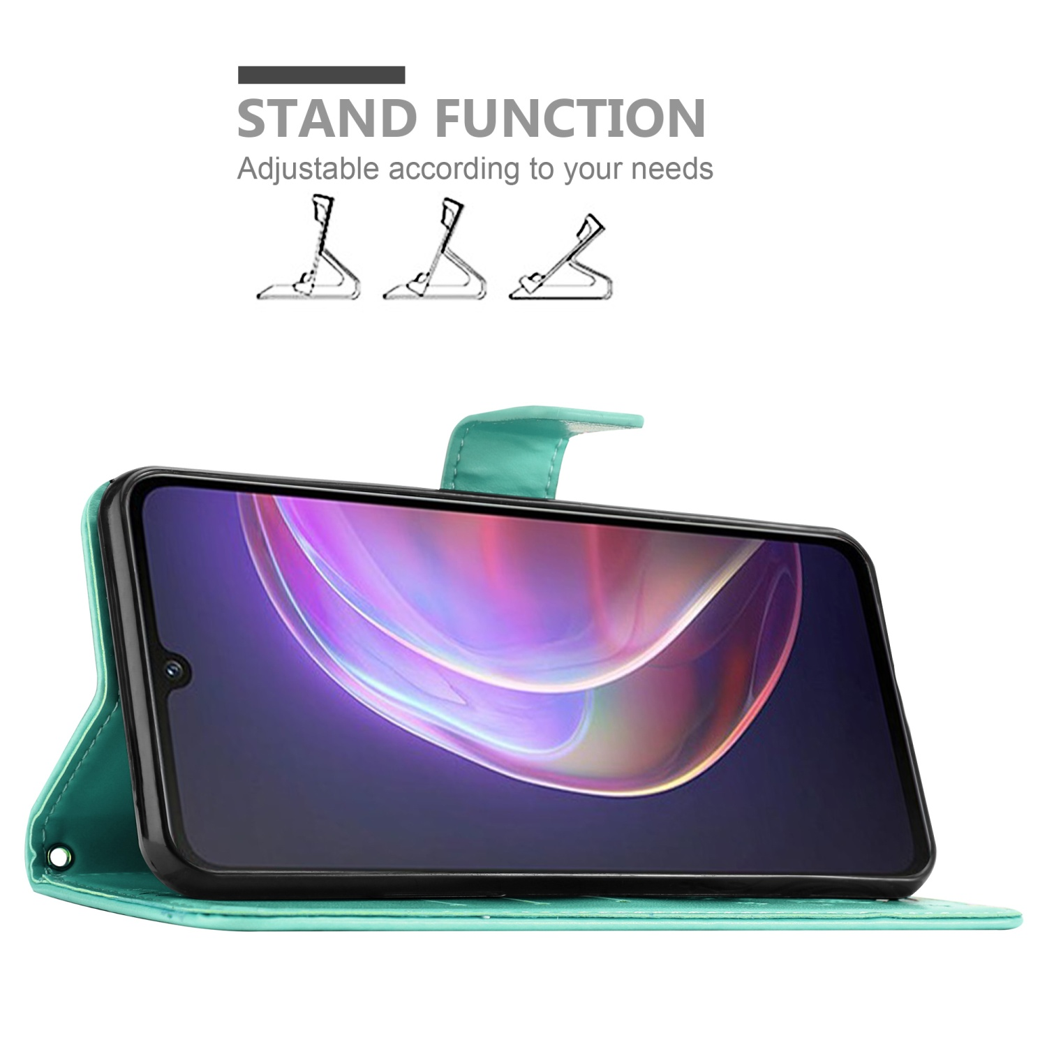 Telefono in una custodia verde acqua in modalità stand. Testo: Funzione stand, regolabile in base alle tue esigenze.