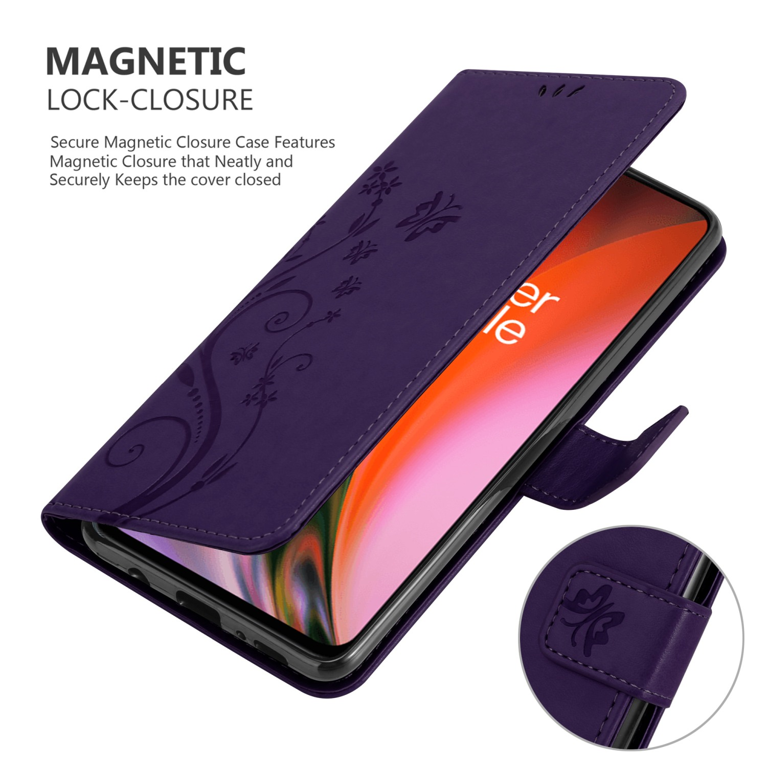 Custodia per telefono viola aperta, che mostra il telefono. Design floreale sulla cover. Chiusura magnetica.