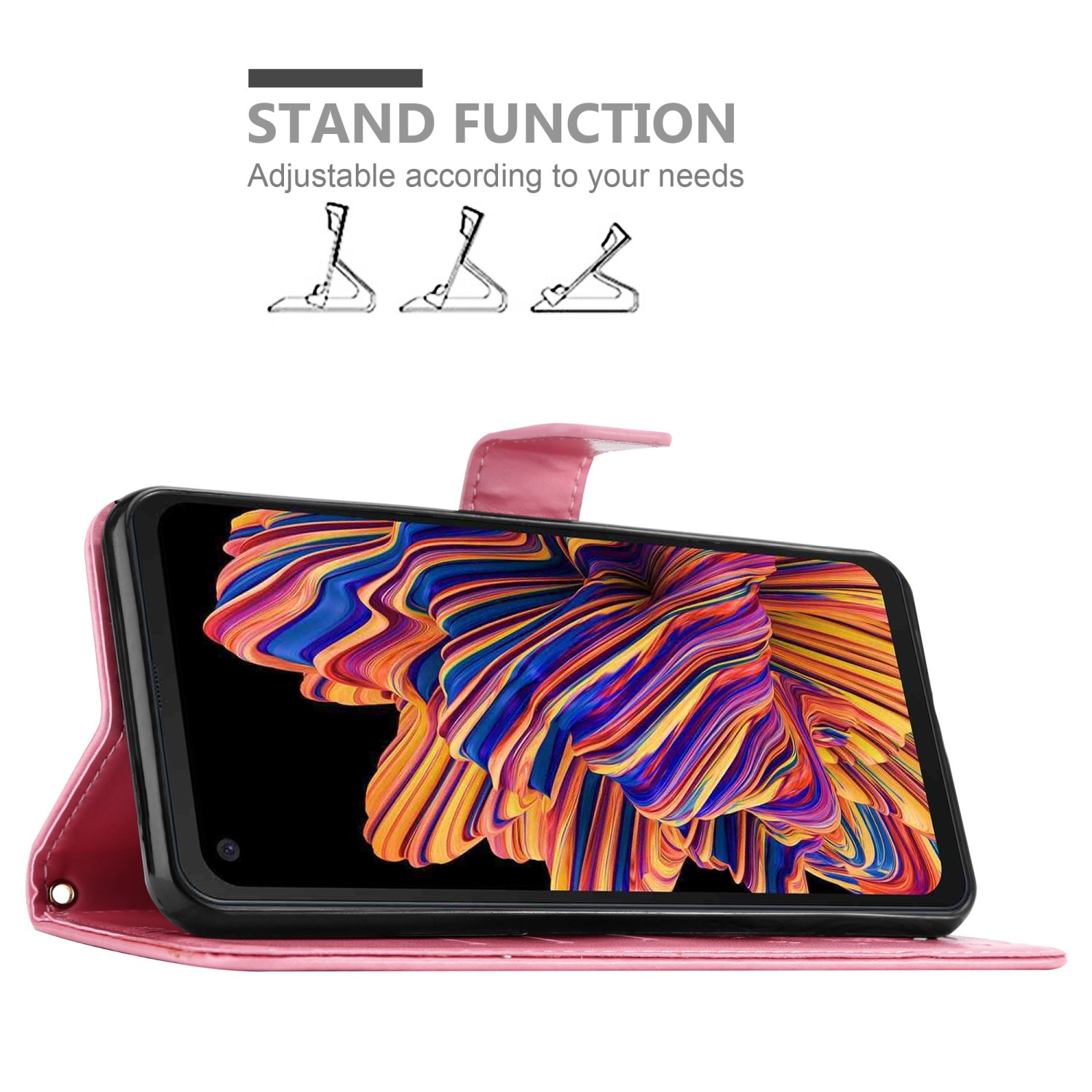 Custodia del telefono rosa in posizione verticale, che tiene un telefono. Lo schermo del telefono visualizza un'immagine colorata.