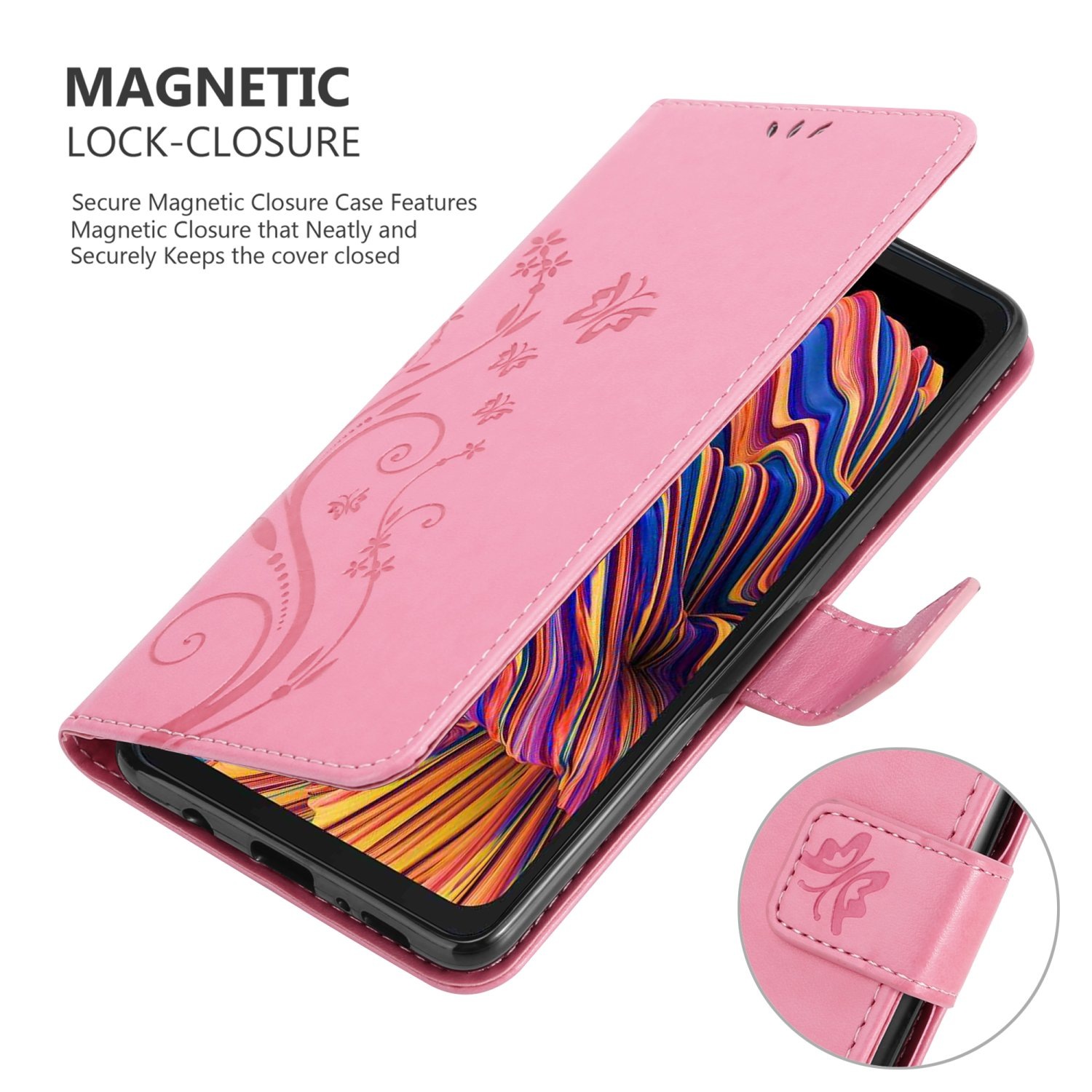 Custodia rosa aperta, mostra telefono all'interno. Design floreale e chiusura magnetica.