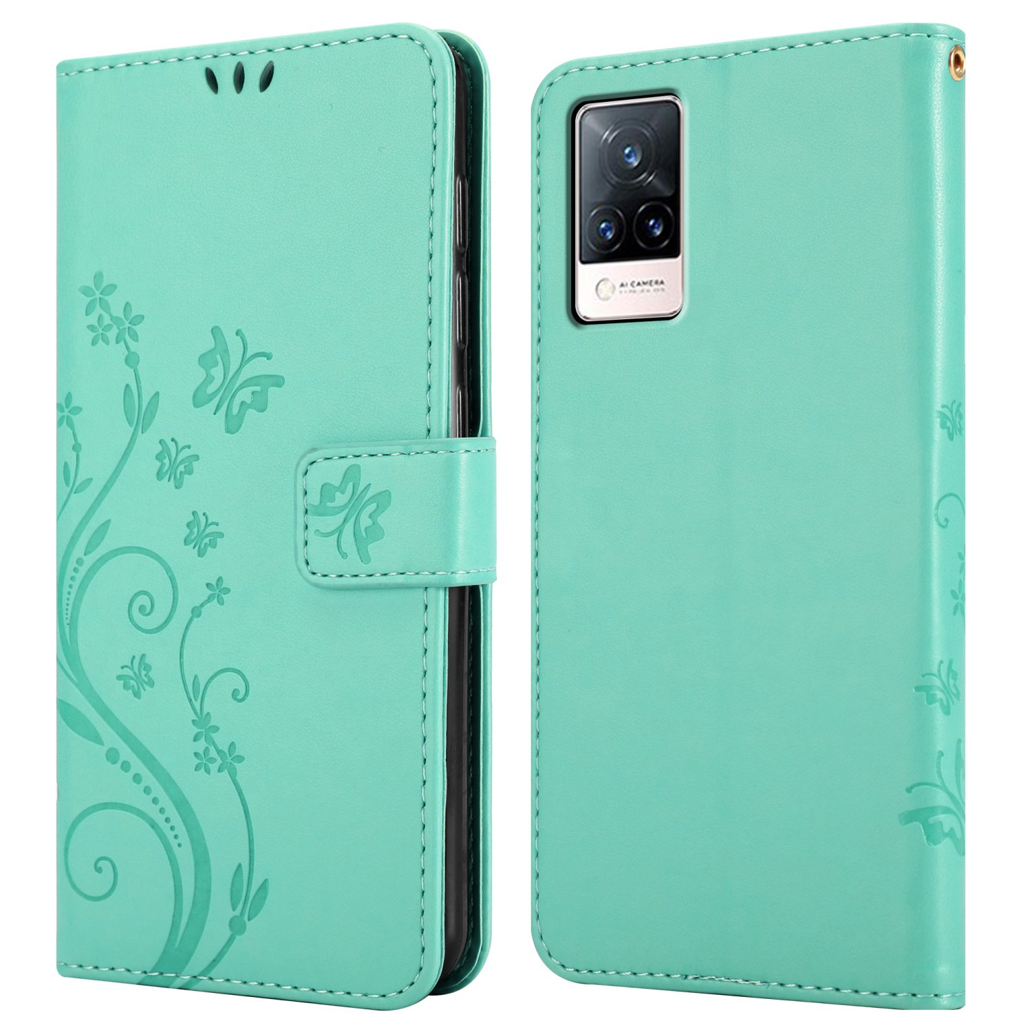 Custodia per telefono verde menta con design floreale. La custodia è aperta, rivelando il telefono e la fotocamera.