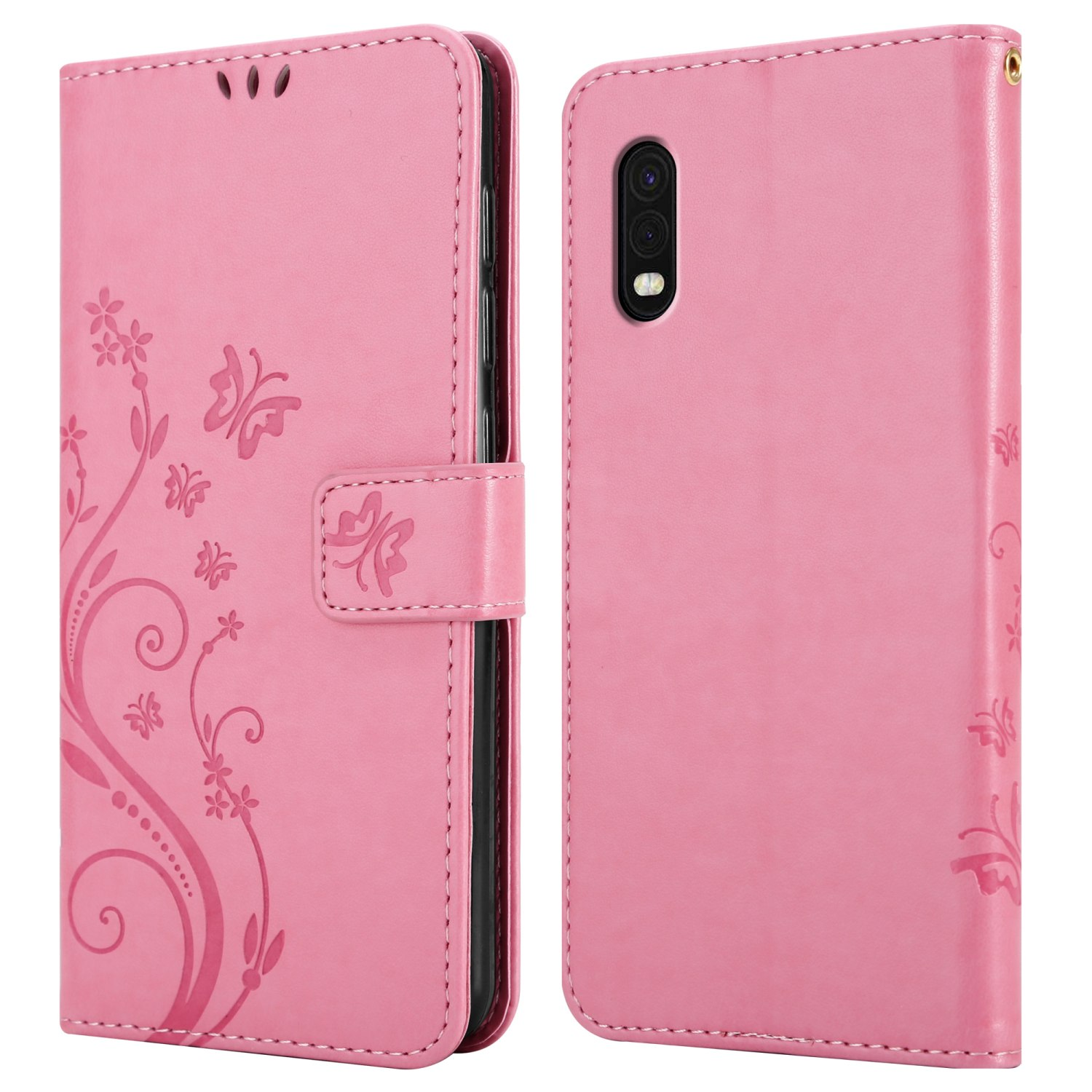 Custodia rosa per telefono con un design a farfalla. La custodia ha una cover e una chiusura.