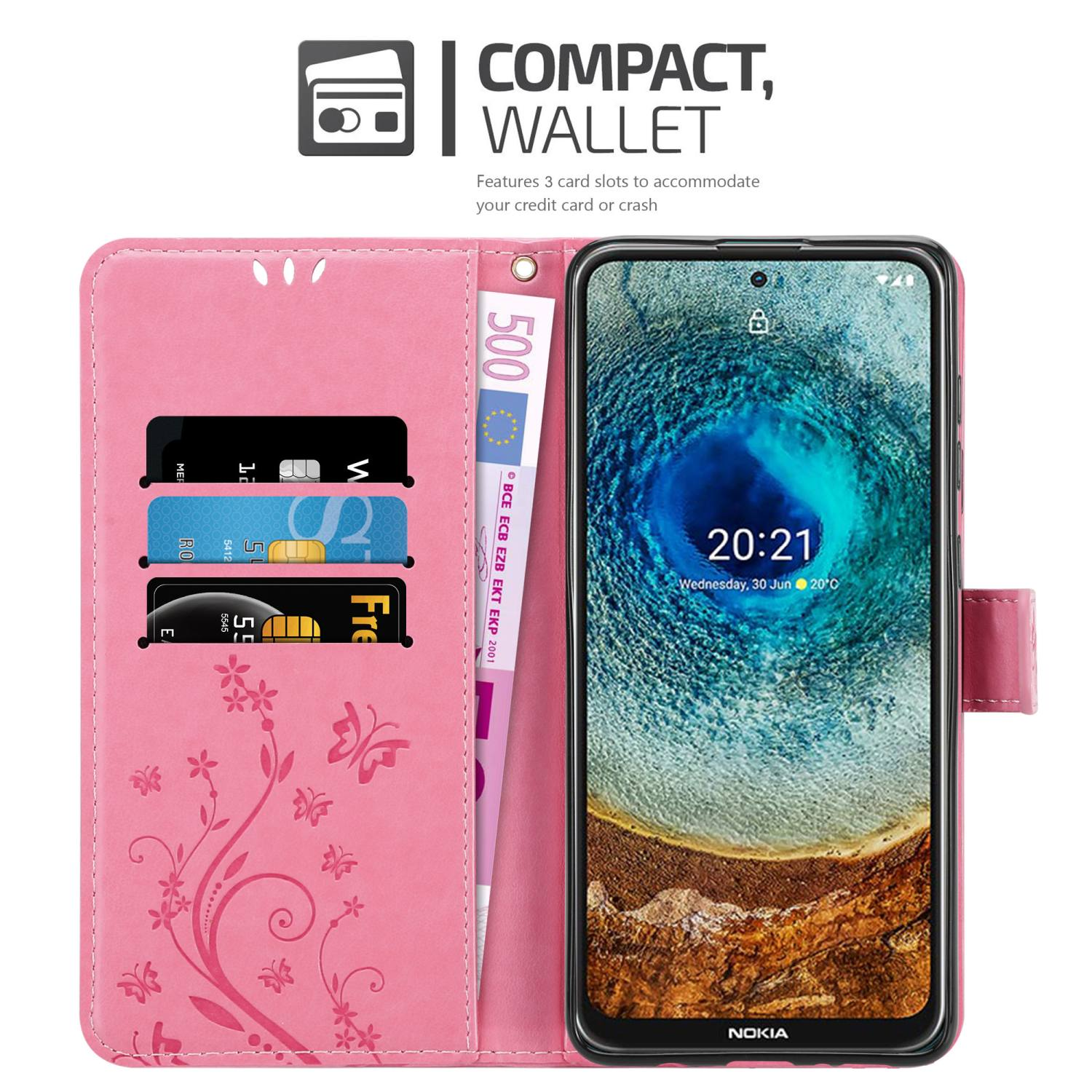 Custodia rosa per telefono con carte e telefono all'interno. Il telefono mostra l'ora. Telefono nero con carte nella custodia.