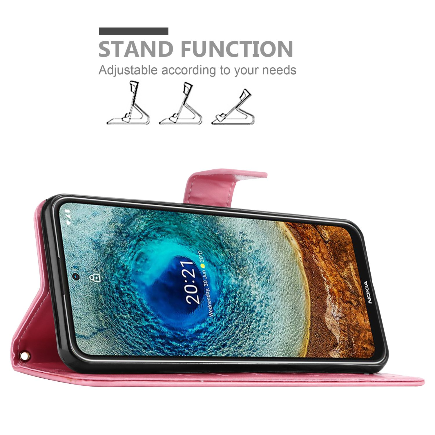 Custodia rosa in posizione stand. Schermo del telefono visibile.