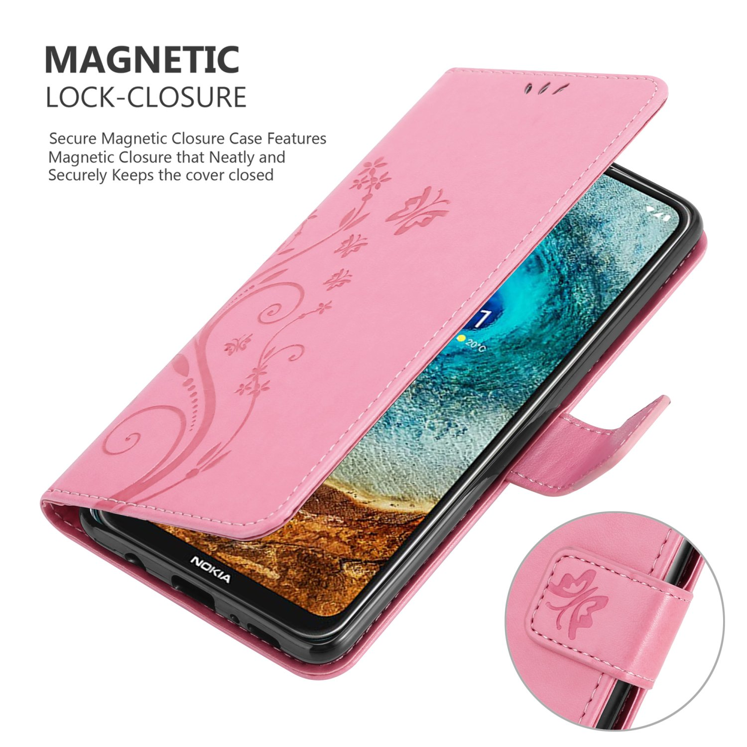 Custodia rosa con design floreale, aperta per mostrare lo schermo del telefono. Si vede un piccolo fermaglio abbinato.