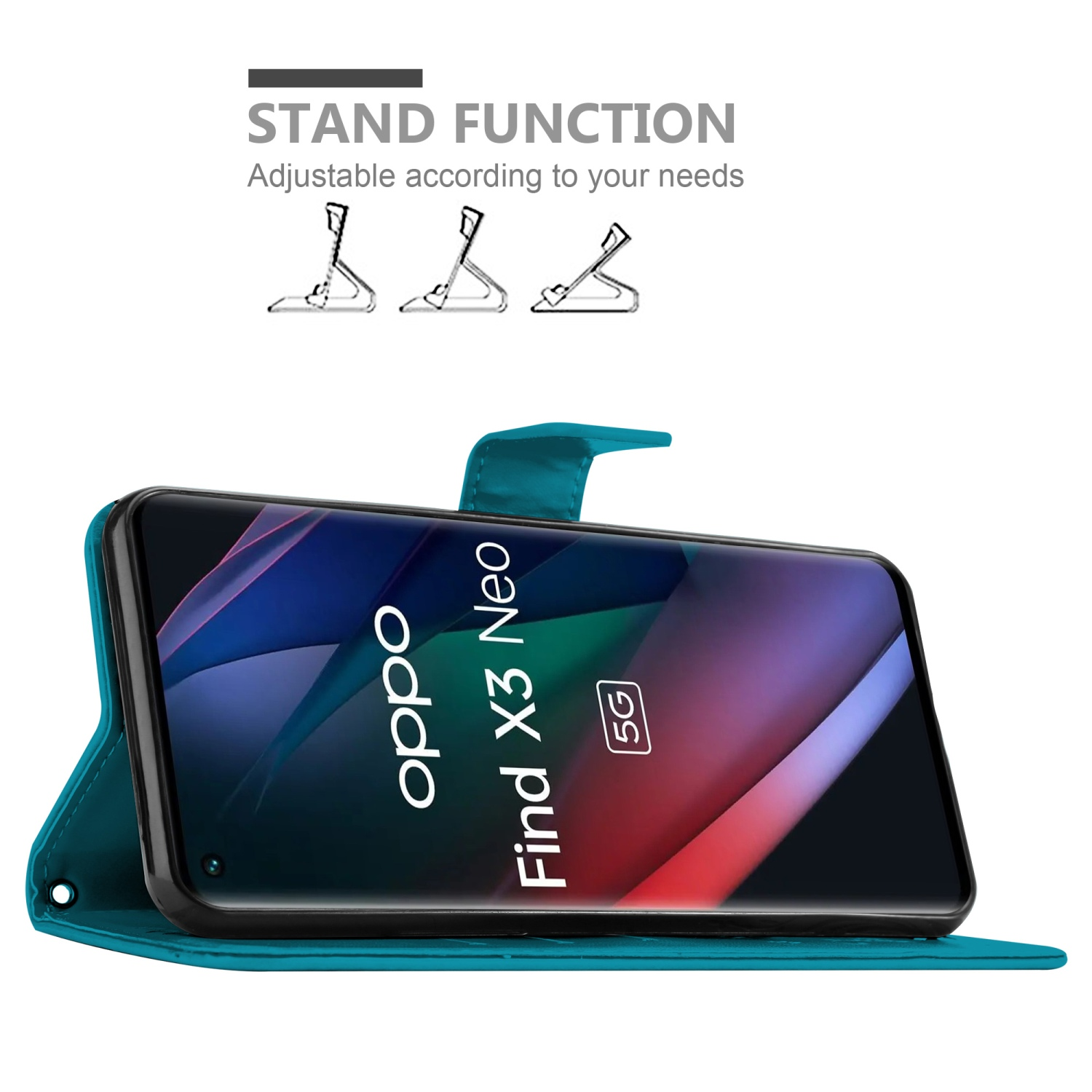 Türkisfarbene Handyhülle mit Telefon. Standfunktion, einstellbar. Das Telefon zeigt die Worte: Oppo Find X3 Neo.