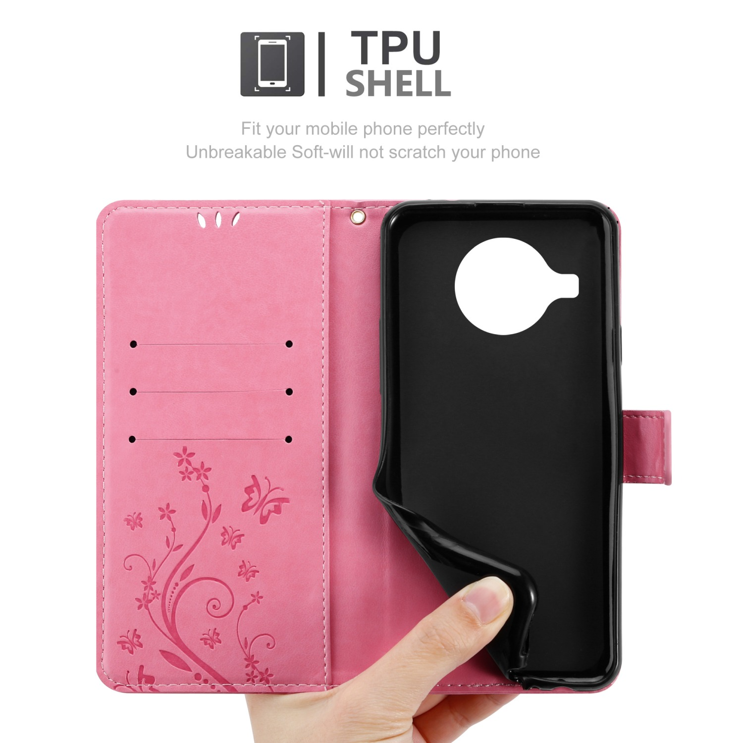 Custodia rosa, aperta. Telefono con motivo a farfalle. Mano che tiene.