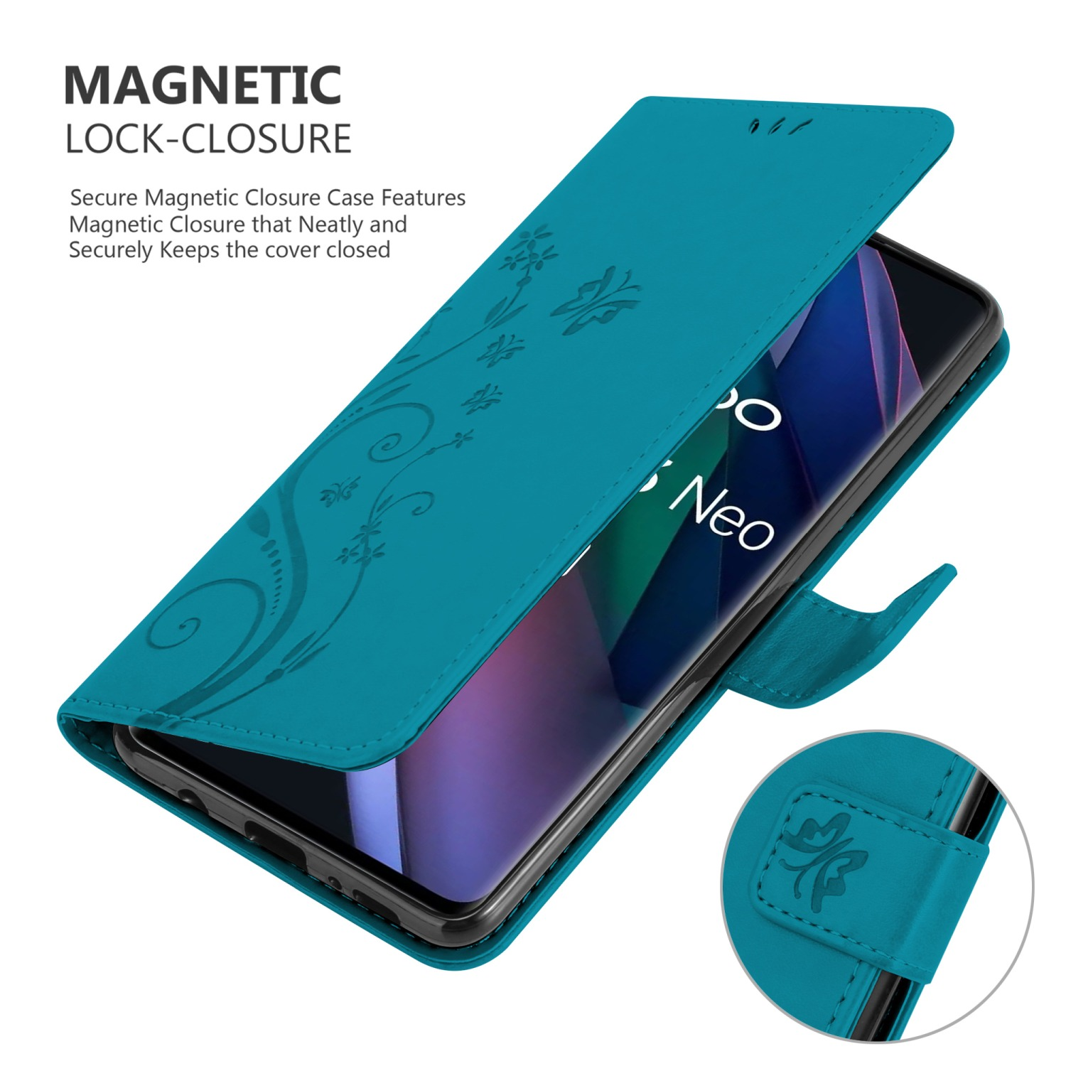 Türkisfarbene Handyhülle offen, mit Telefon, Blumendesign. Es hat einen Magnetverschluss.