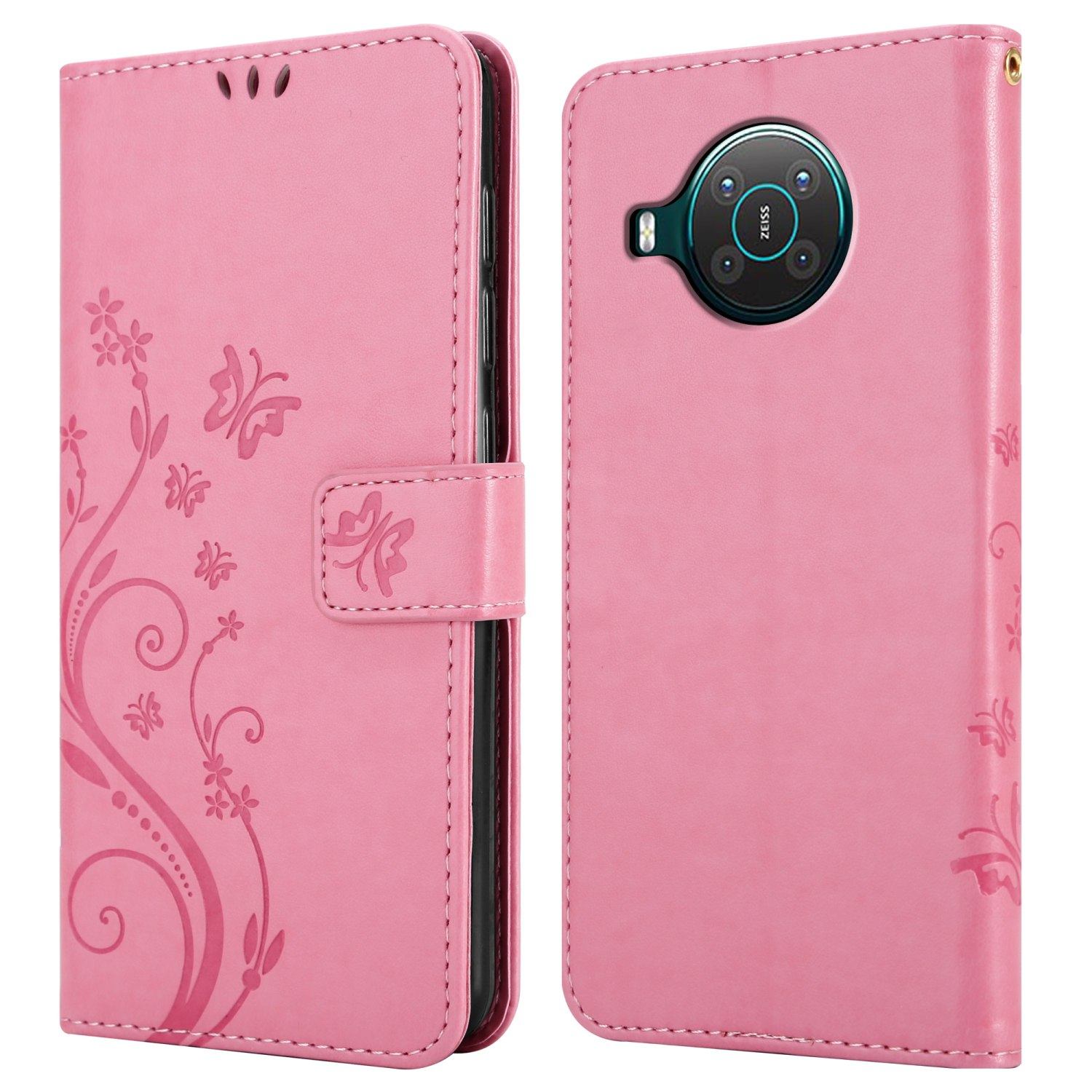 Custodia per telefono rosa, aperta, con un design floreale. Lo schermo del telefono è visibile all'interno.