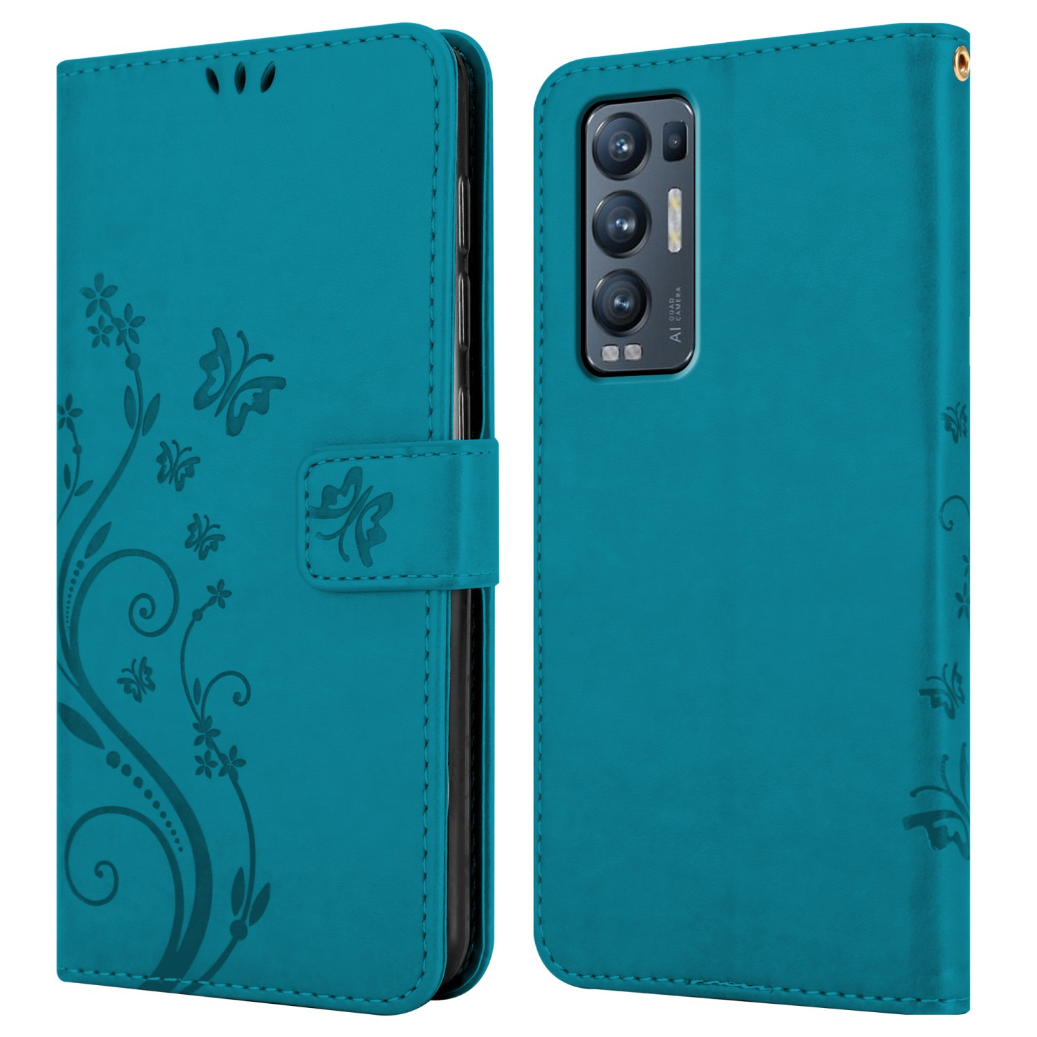 Türkisfarbene Handyhülle, offen mit Schmetterlings- und Blumendesign. Zeigt die Kamera des Telefons.