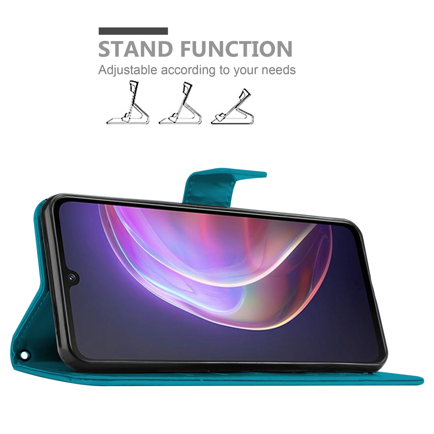 Custodia per telefono verde acqua con un telefono che mostra un display colorato. Illustrazioni di supporti in alto.