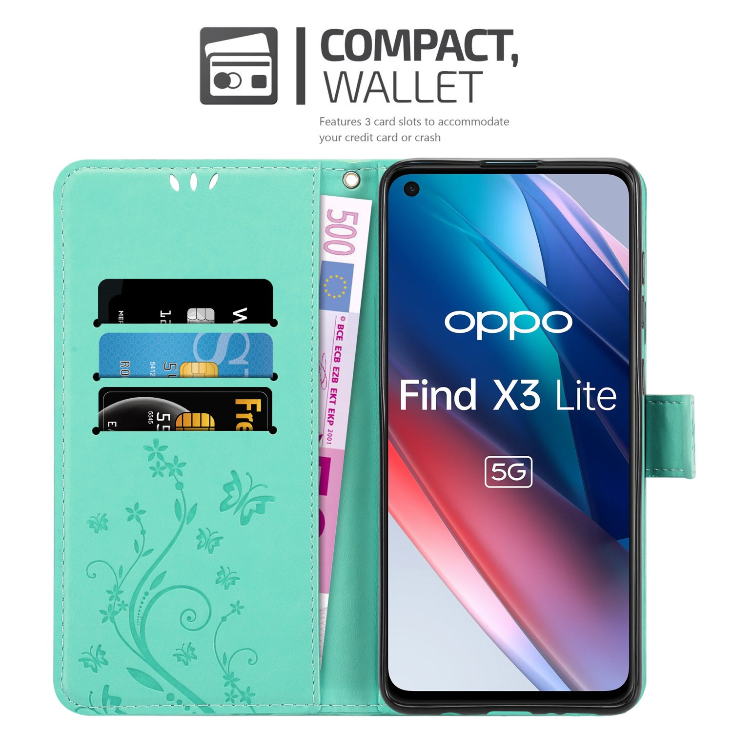 Custodia verde acqua aperta, mostra carte e denaro. Oppo dentro.