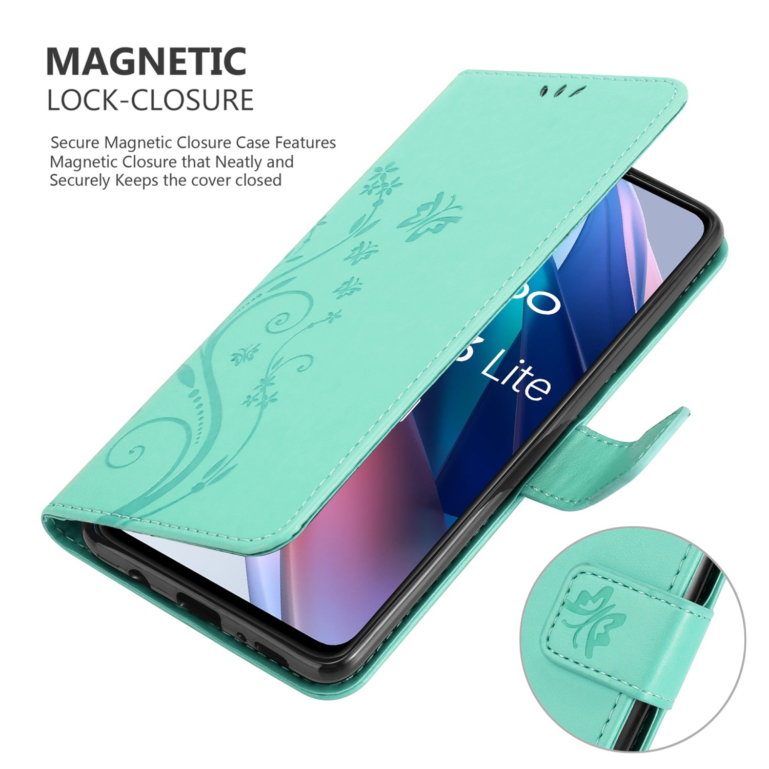 Custodia per telefono verde acqua. Aperta, mostra il telefono. Design floreale frontale. Chiusura magnetica.