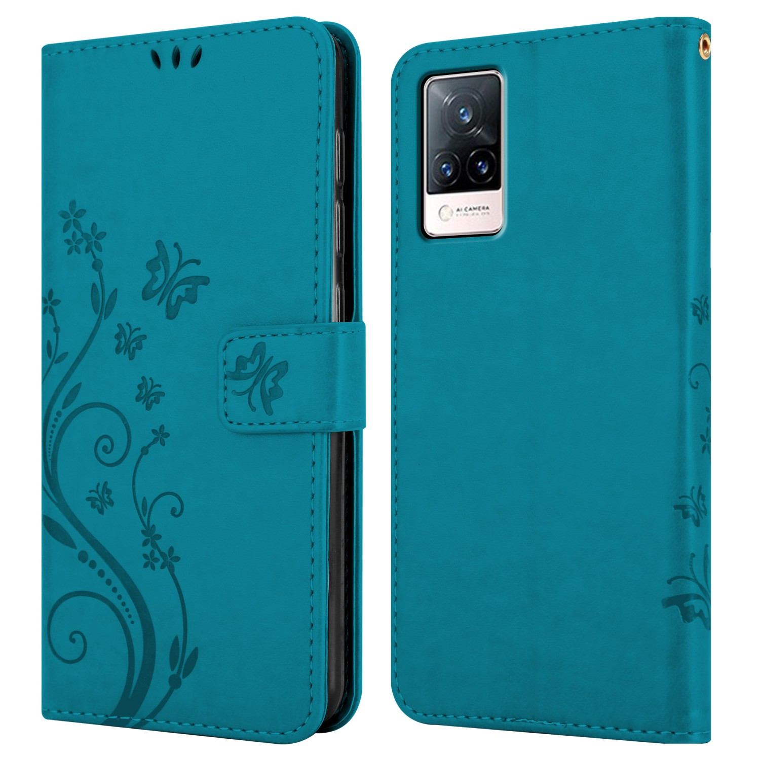 Custodia teal, aperta. Mostra le fotocamere del telefono. Design floreale frontale.