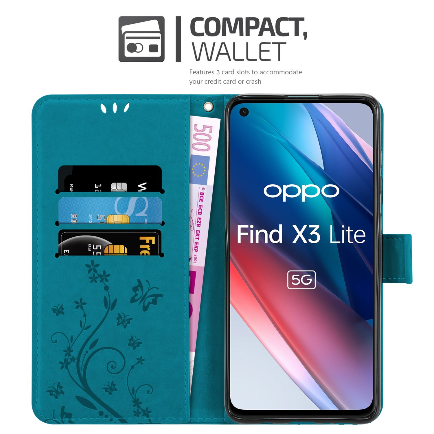 Una custodia per telefono verde acqua aperta con carte, una banconota da 500 euro e un telefono che mostra OPPO Find X3 Lite.