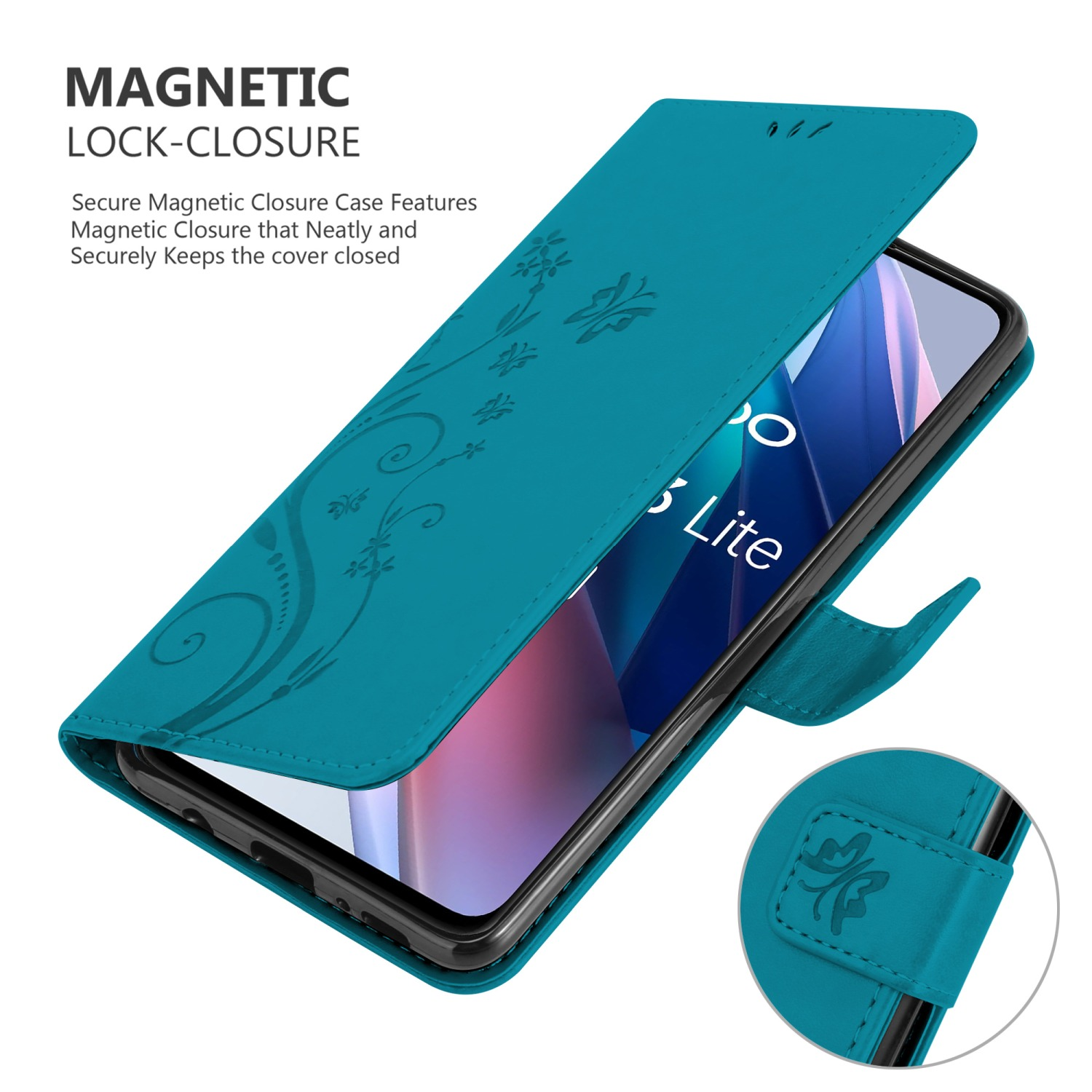 Custodia turchese aperta, telefono visibile. Design floreale. Testo: Magnetic Lock-Closure.