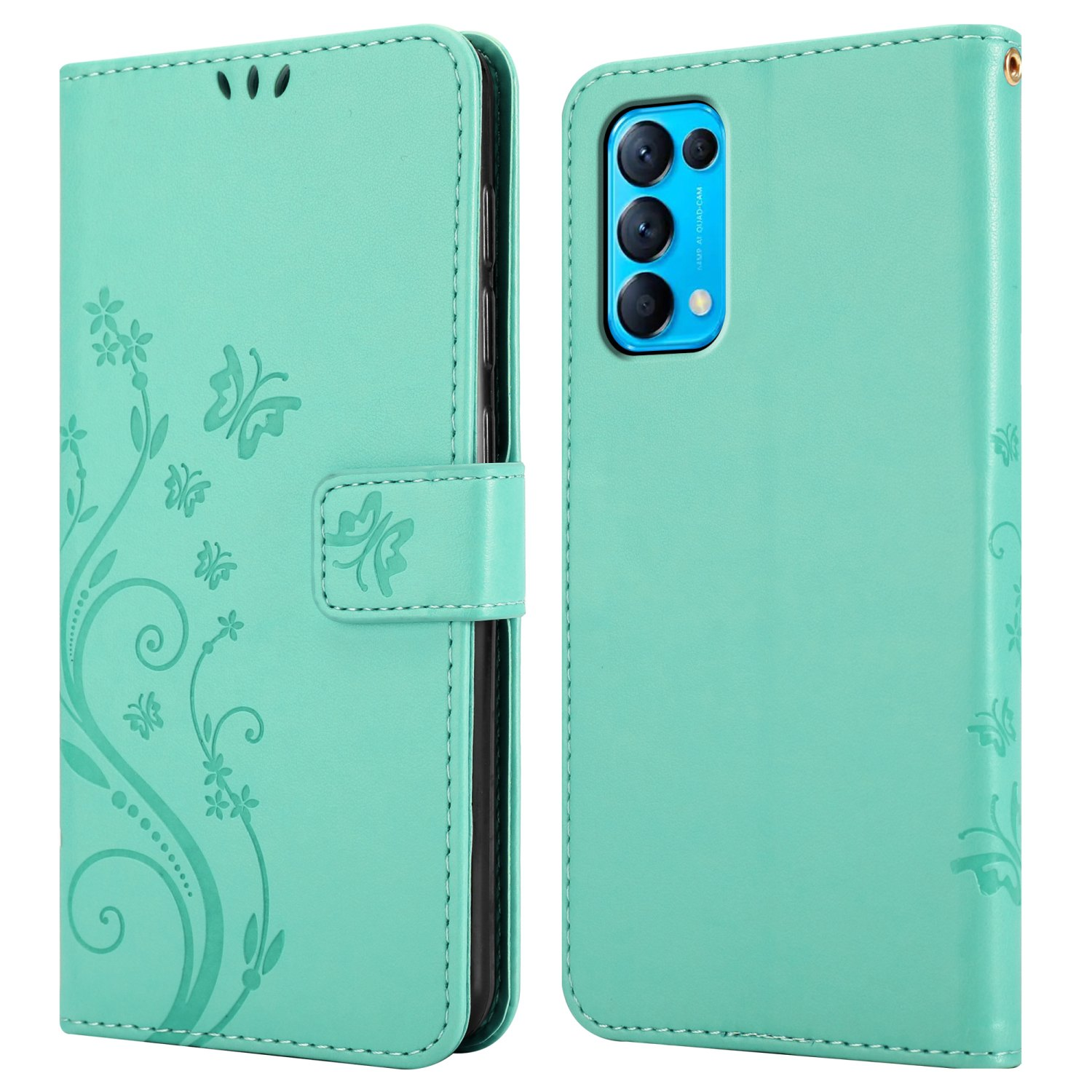 Custodia per telefono verde acqua con telefono all'interno. Presenta un design floreale e farfalle.