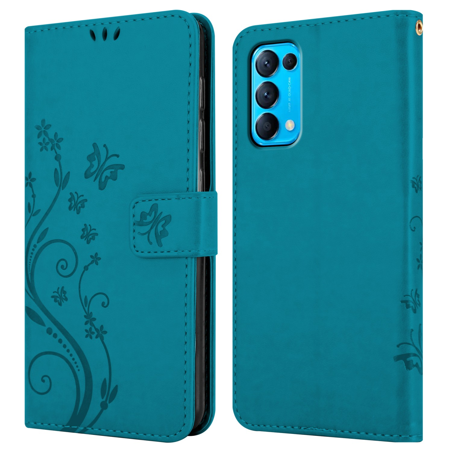 Custodia per telefono color verde acqua con un design floreale, aperta che mostra l'interno.