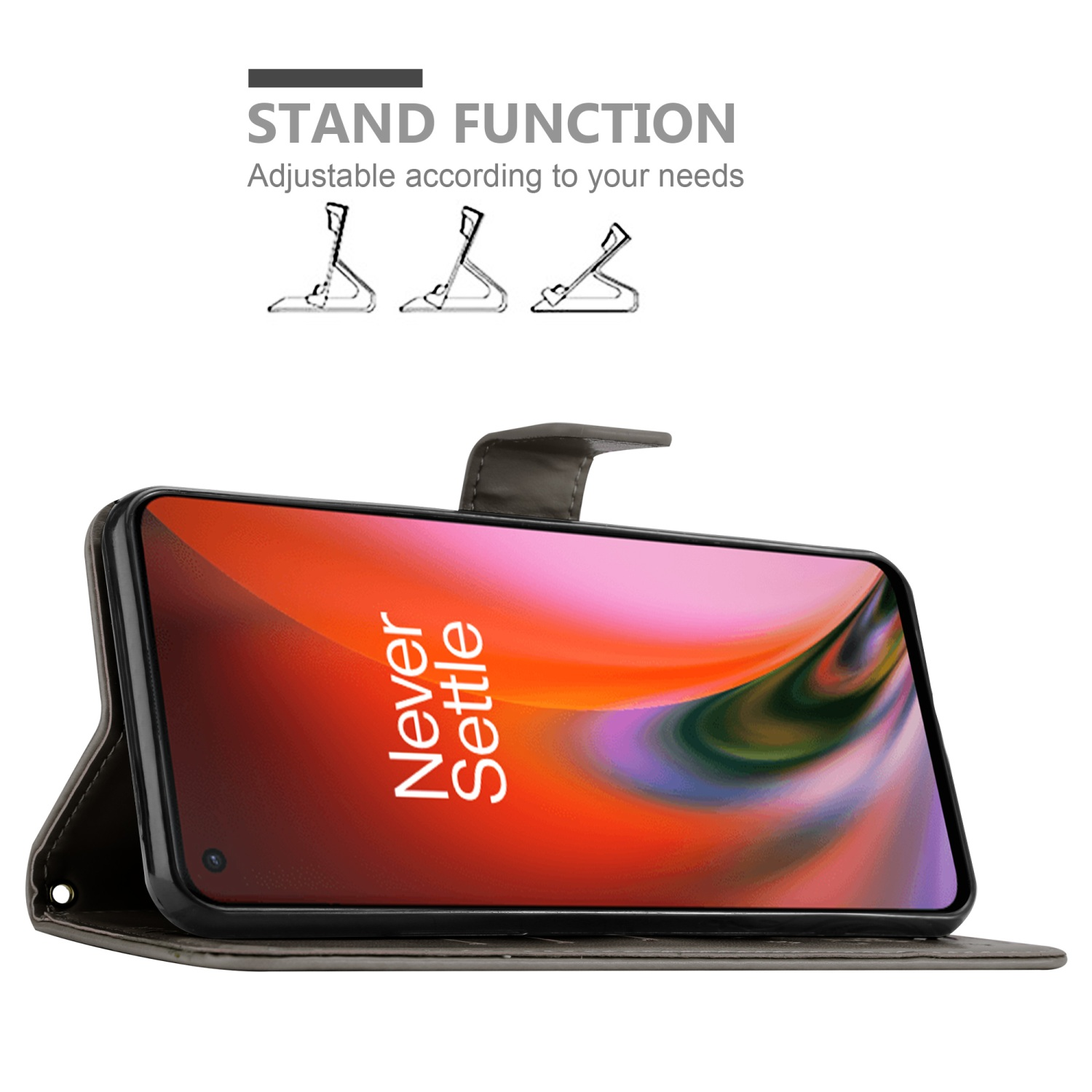 Custodia per telefono con funzione supporto. Il telefono è nella custodia. Testo funzione supporto. Angoli.