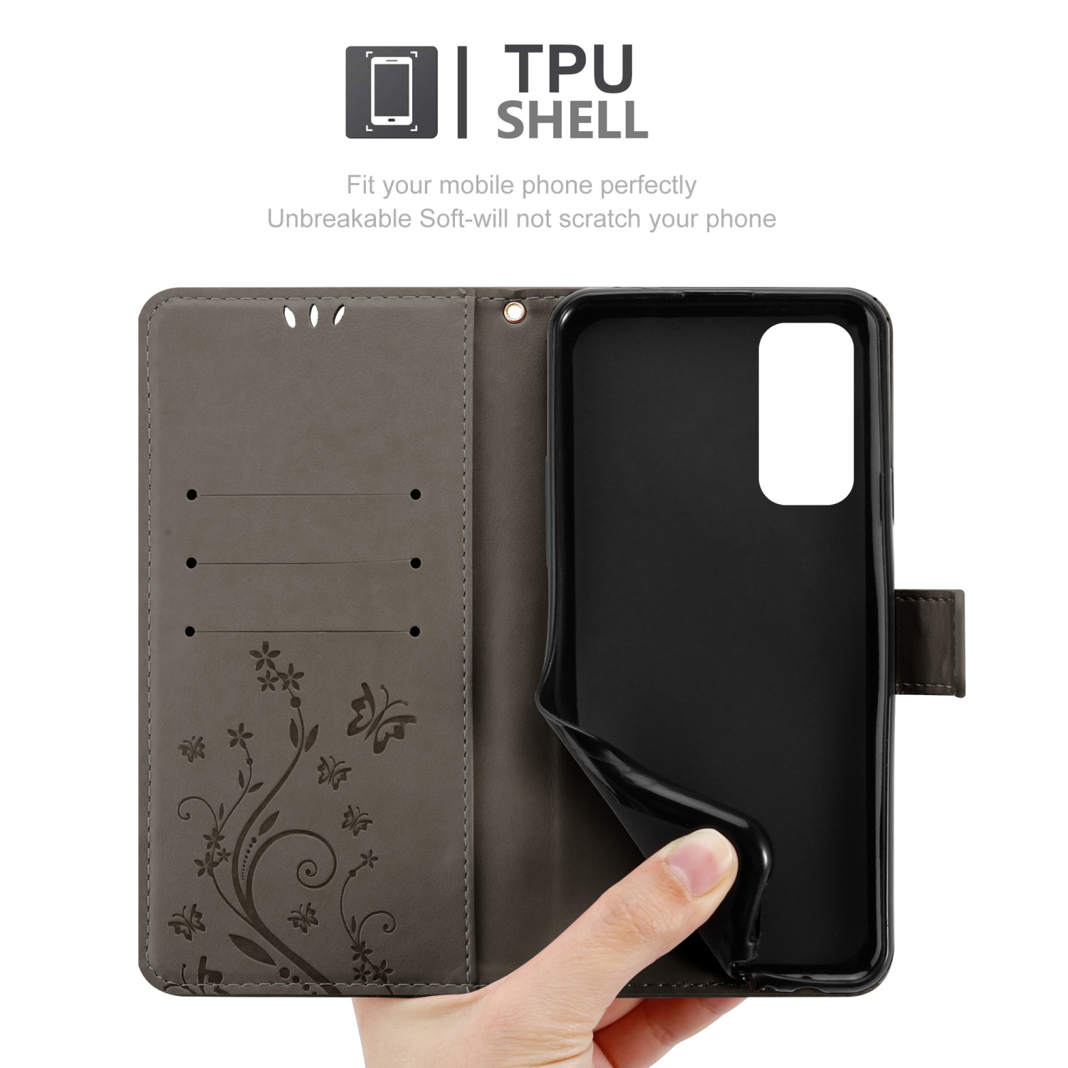 Custodia del telefono aperta con un telefono all'interno. Interno con fessure per carte e design floreale. Mano che tiene.
