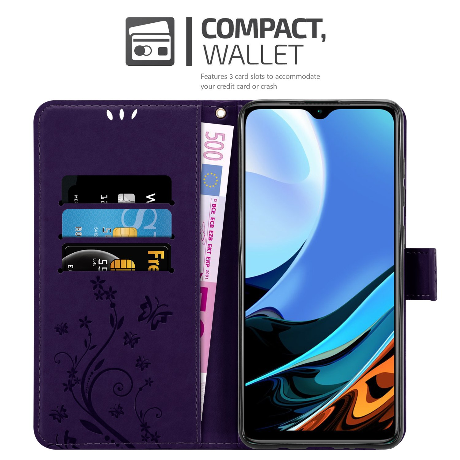 Una custodia per telefono viola, aperta, con un telefono all'interno. Ci sono fessure per carte e una tasca per i soldi.