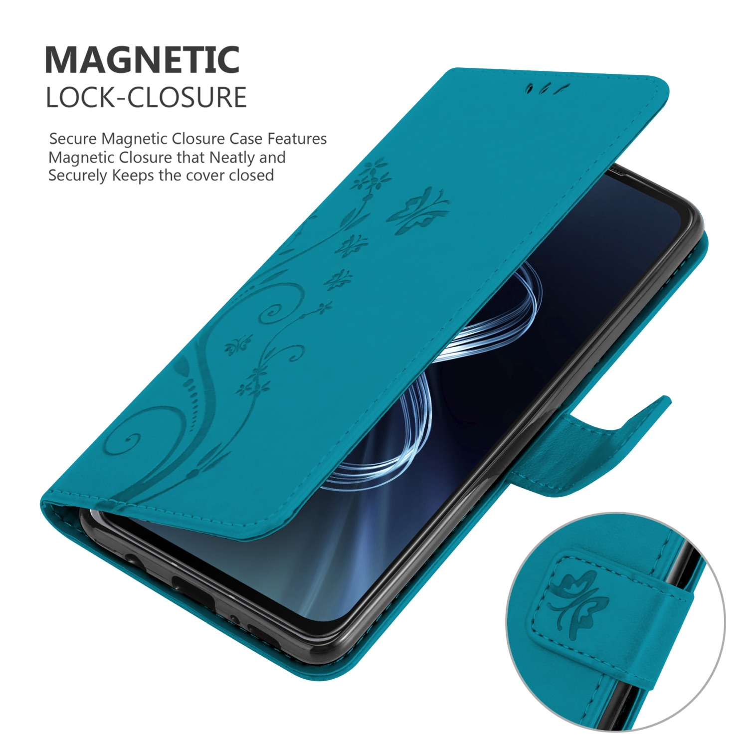Portafoglio per telefono turchese aperto, che mostra un telefono all'interno. Presenta un design floreale e farfalla.