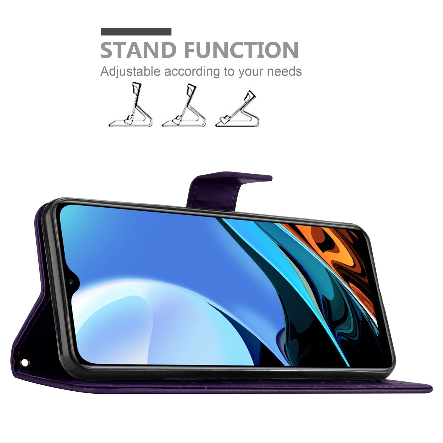 Telefono in custodia viola su tavolo. La custodia è regolabile per la funzione stand.