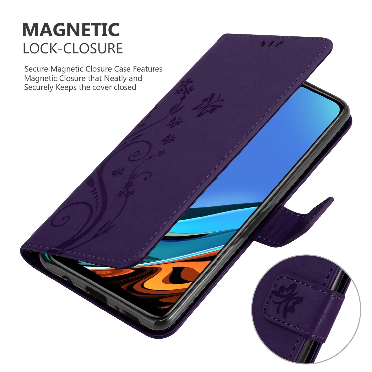 Custodia per telefono viola con design floreale, aperta. Schermo del telefono visibile. Dettaglio chiusura magnetica.