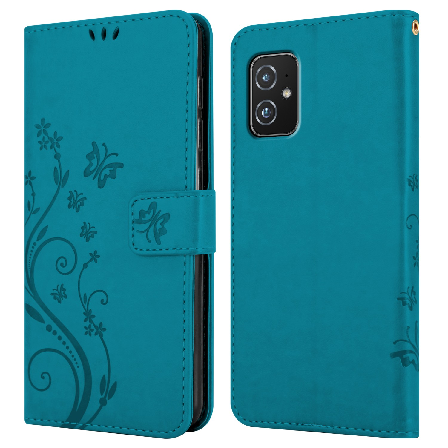 Custodia per telefono color teal aperta e chiusa. Farfalle e motivi floreali sono sulla custodia.