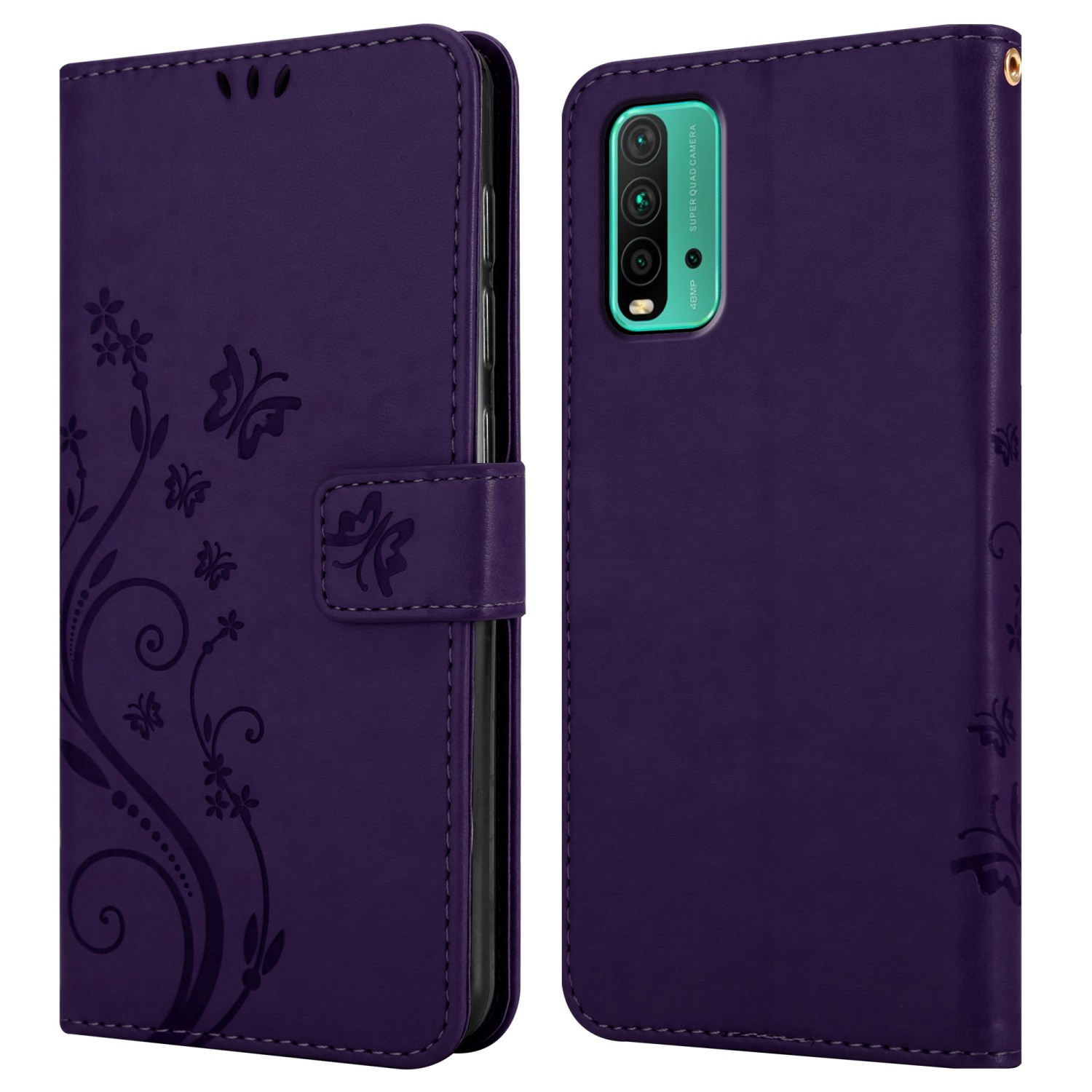Custodia viola per telefono con design floreale. È aperta, mostra il telefono. La custodia è su sfondo bianco.