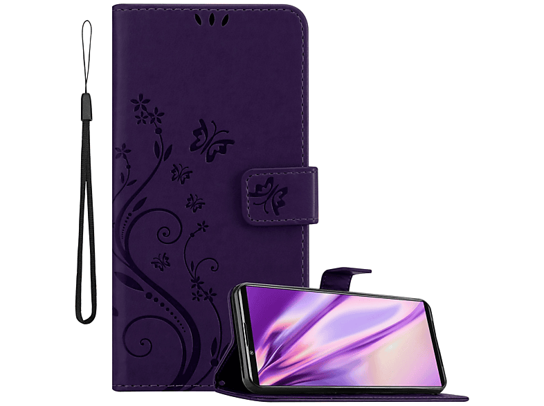 Xperia Muster Flower 5 Hülle Blumen III, CADORABO Bookcover, FLORAL DUNKEL LILA Case, Sony,