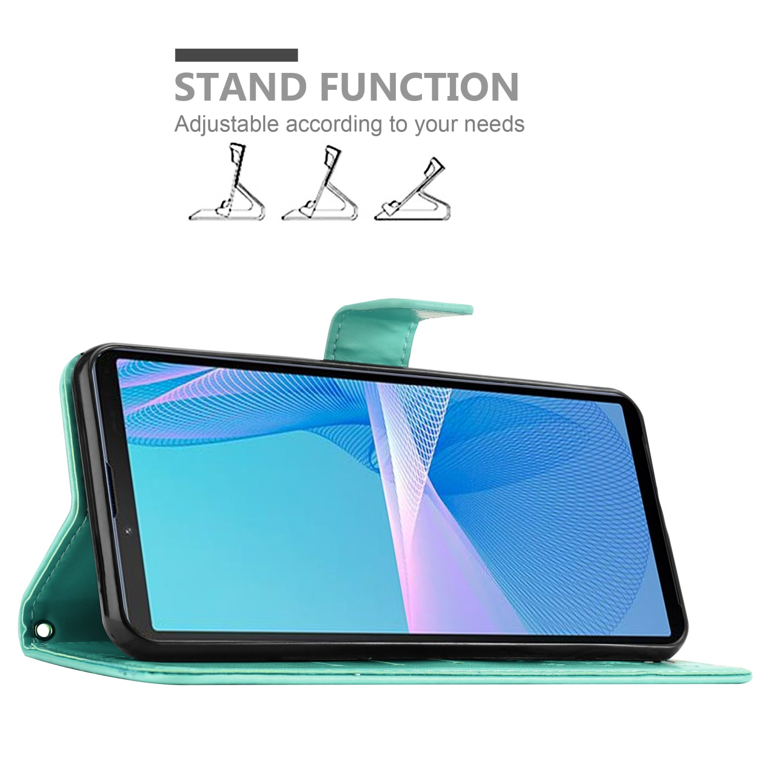 Custodia telefono aperta con telefono dentro. Testo e diagrammi funzione stand visibili.